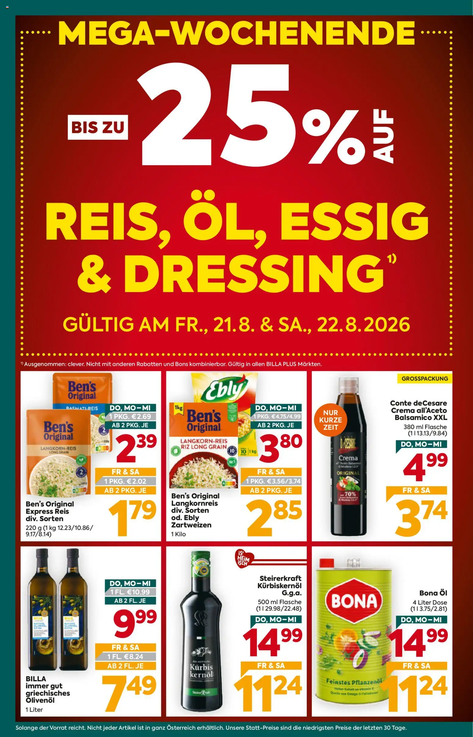 Billa Plus Flugblatt gültig ab 20.08.2026 | Seite: 2 | Produkte: Kürbis, Dressing, Öl, Reis