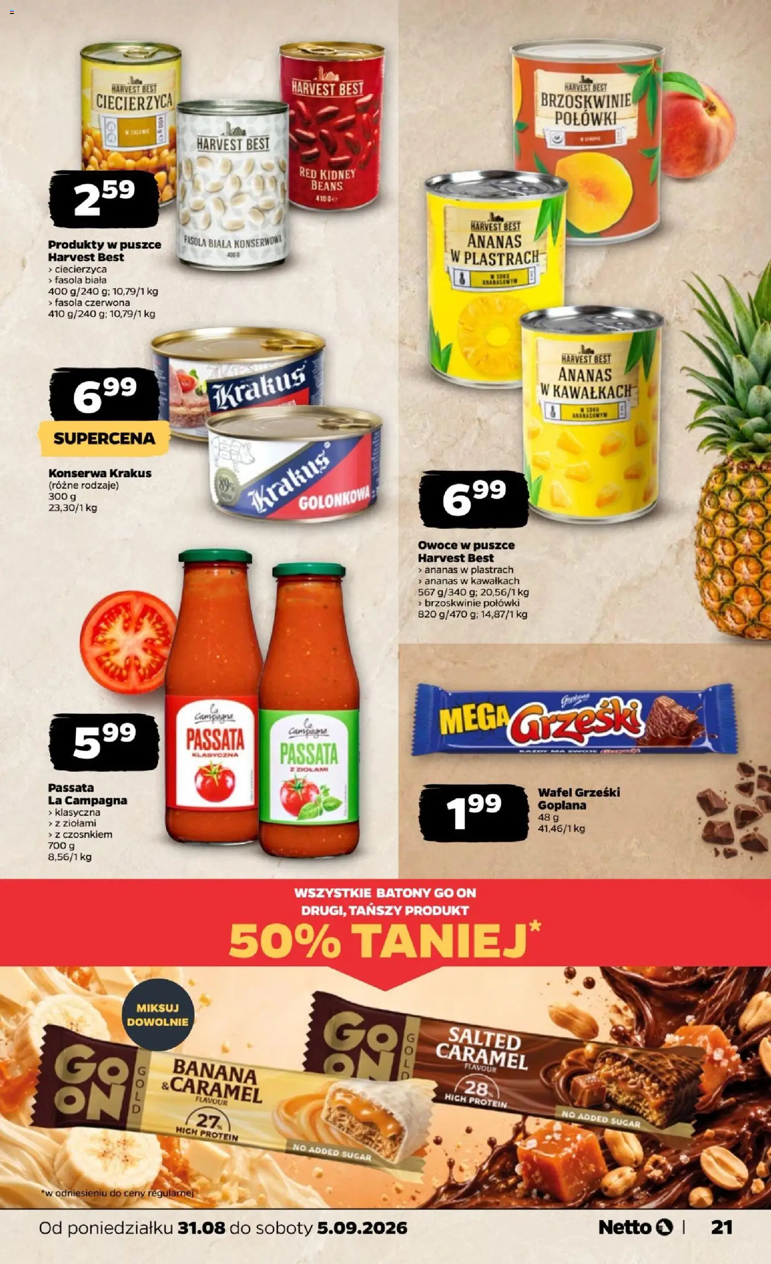 Netto gazetka od poniedziałku od 31.08.2026 | Strona: 21 | Produkty: Fasola czerwona, Brzoskwinie, Passata, Owoce
