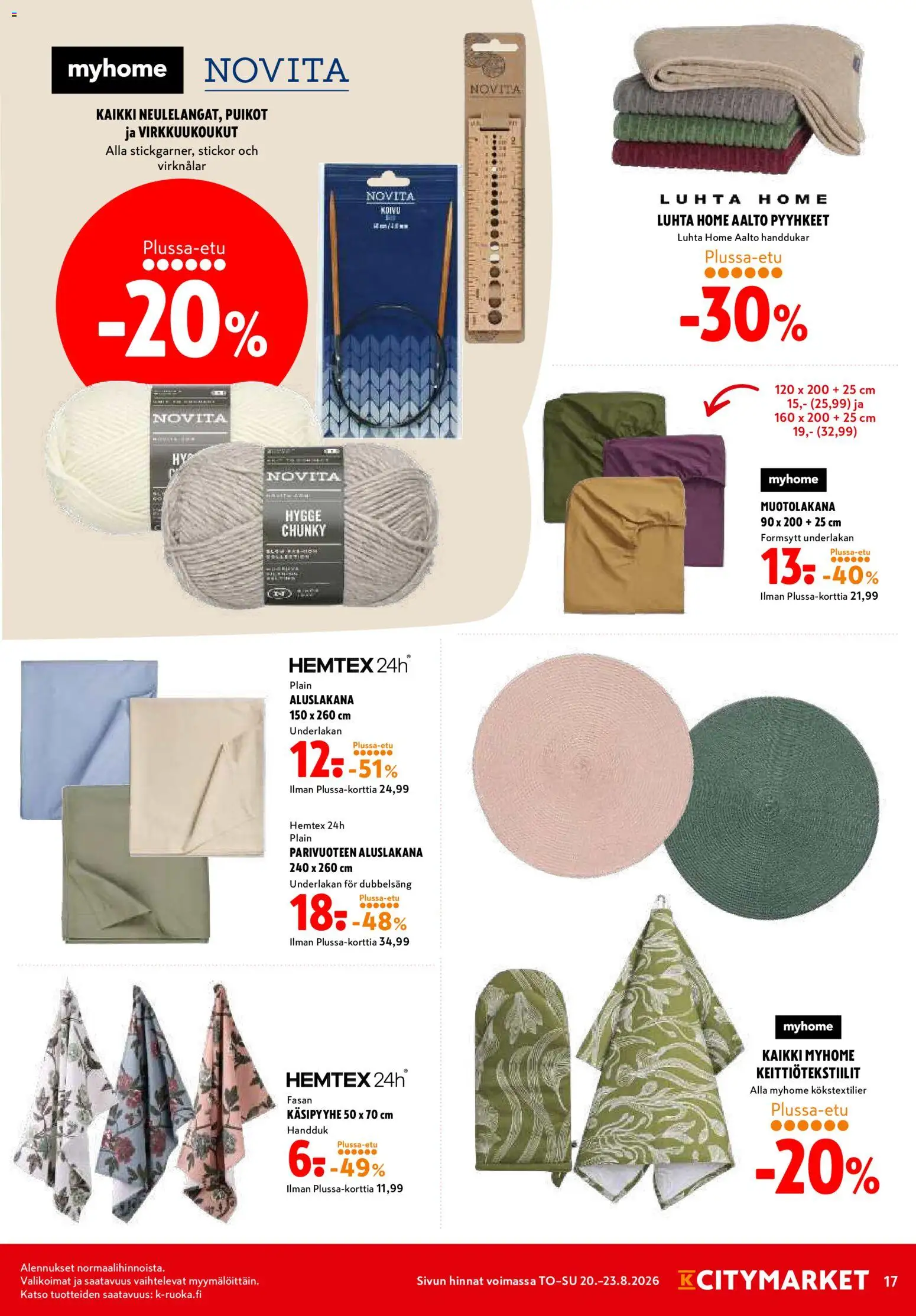 K-Citymarket tarjoukset – voimassa 20/08/2026 alkaen | Sivu: 17 | Tuotteet: Pyyhkeet, Aluslakana