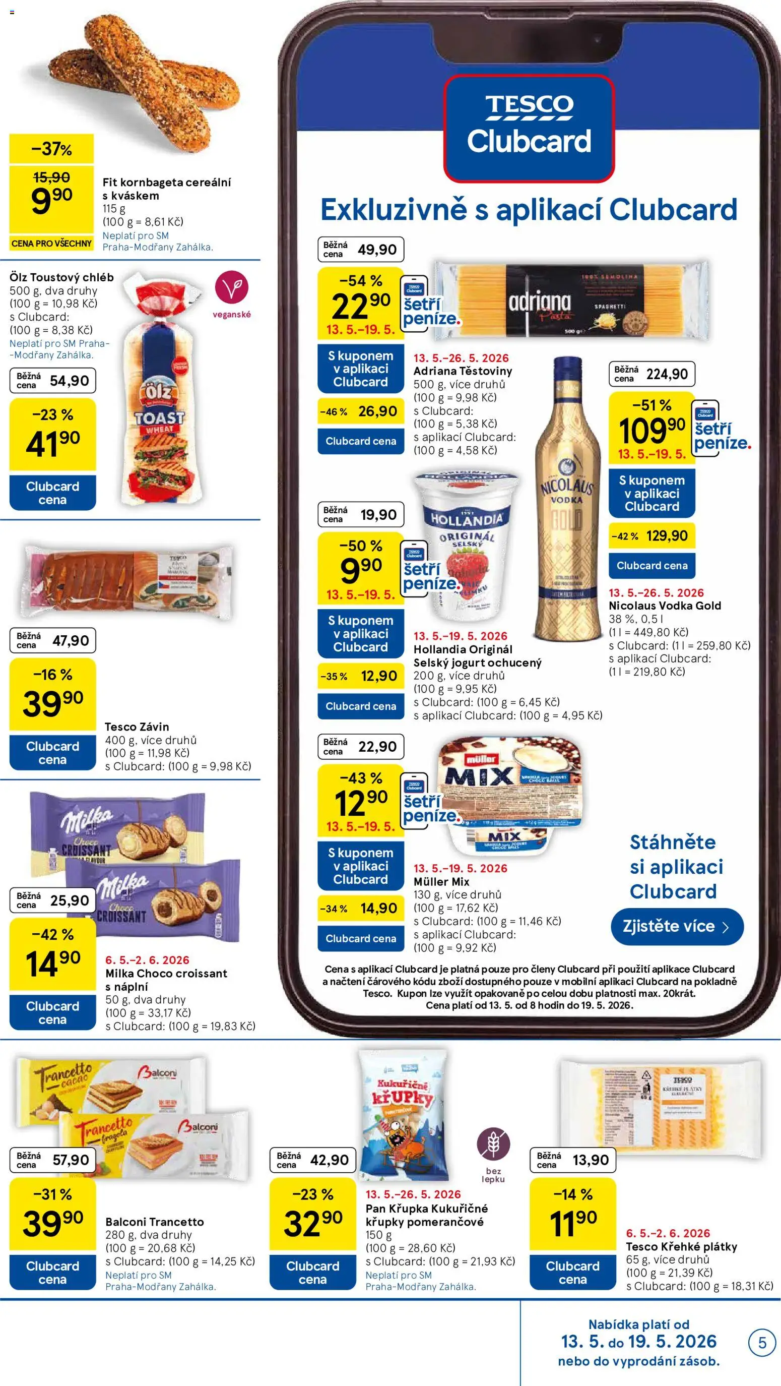 Tesco leták - Supermarket od 13.05.2026 | Strana: 5 | Produkty: Milka, Vodka, Křupky, Těstoviny Adriana