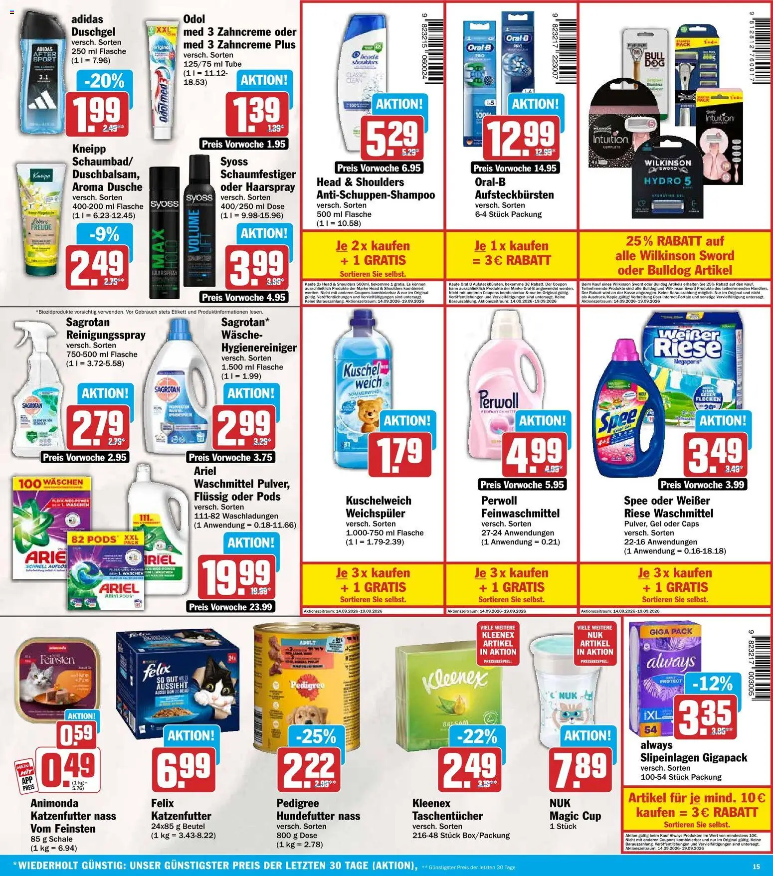HIT Prospekt – gültig ab 14.09.2026 | Seite: 15 | Produkte: Kuschelweich, Perwoll, Duschgel, Pedigree