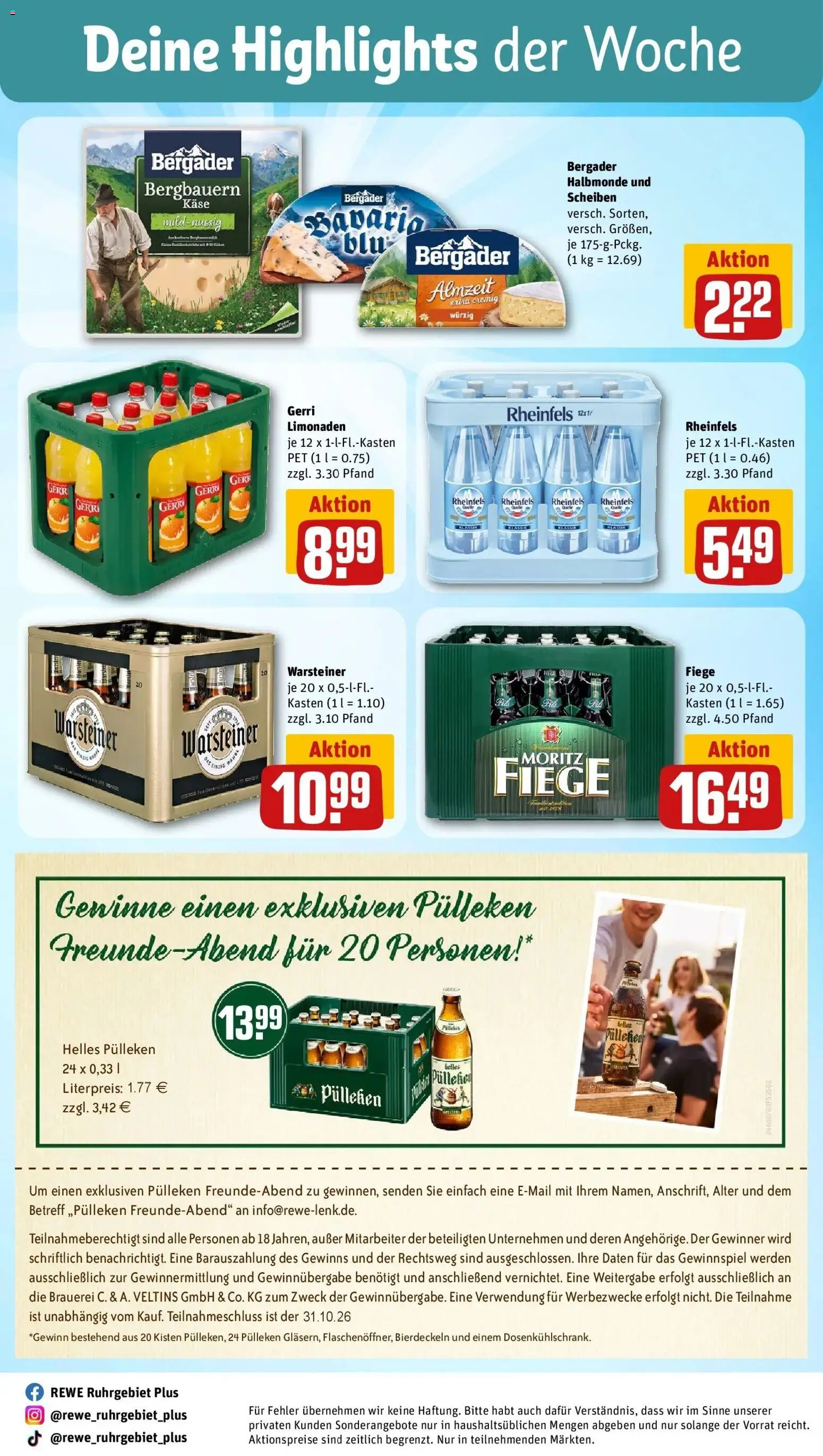 REWE Prospekt ab 26.10.2026 zum Blättern » Angebote | Seite: 31 | Produkte: Helles pulleken, Käse, Warsteiner, Veltins