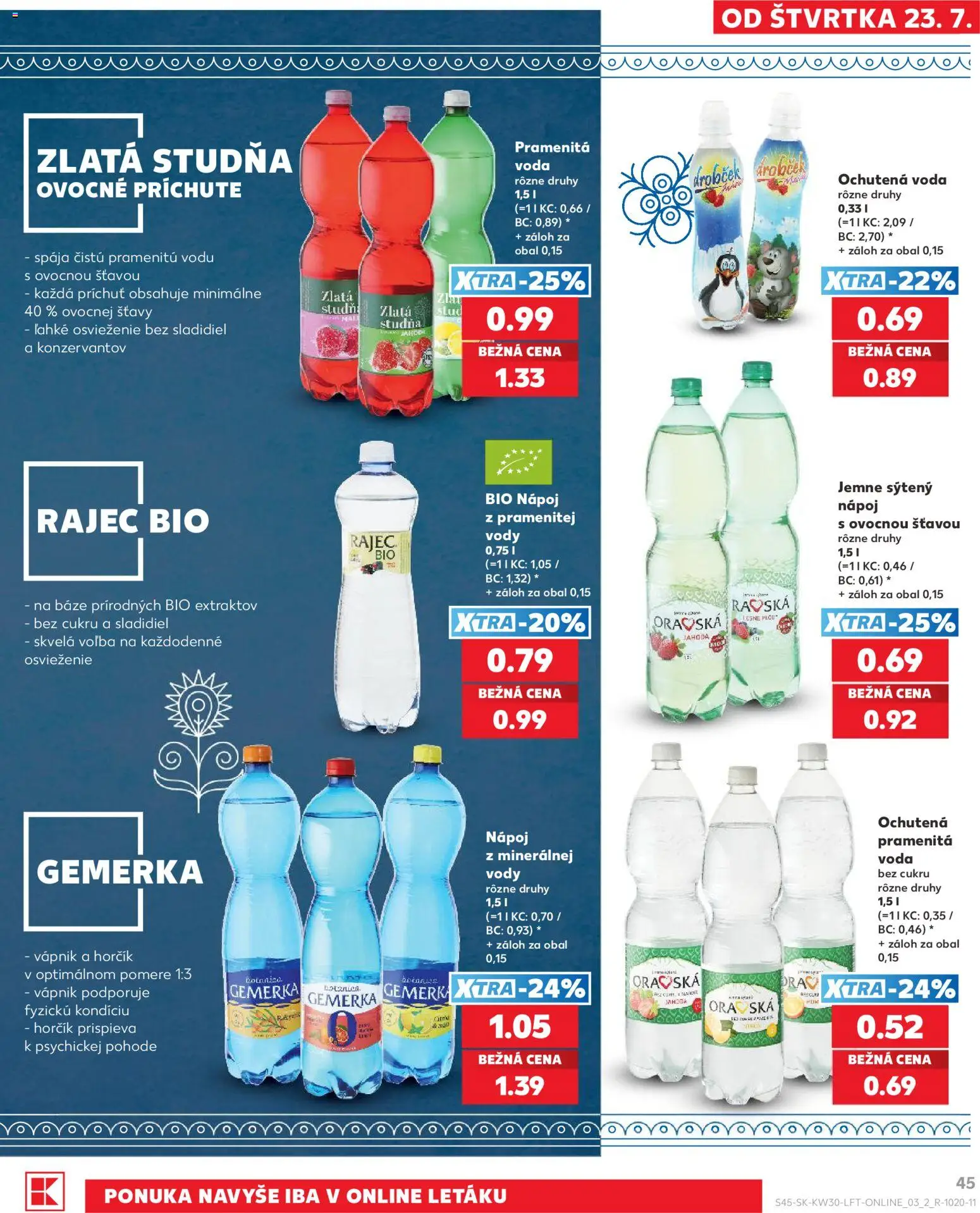 Nové Kaufland akcie – leták je platný od 23.07.2026 | Strana: 45 | Produkty: Rajec, Voda, Gemerka