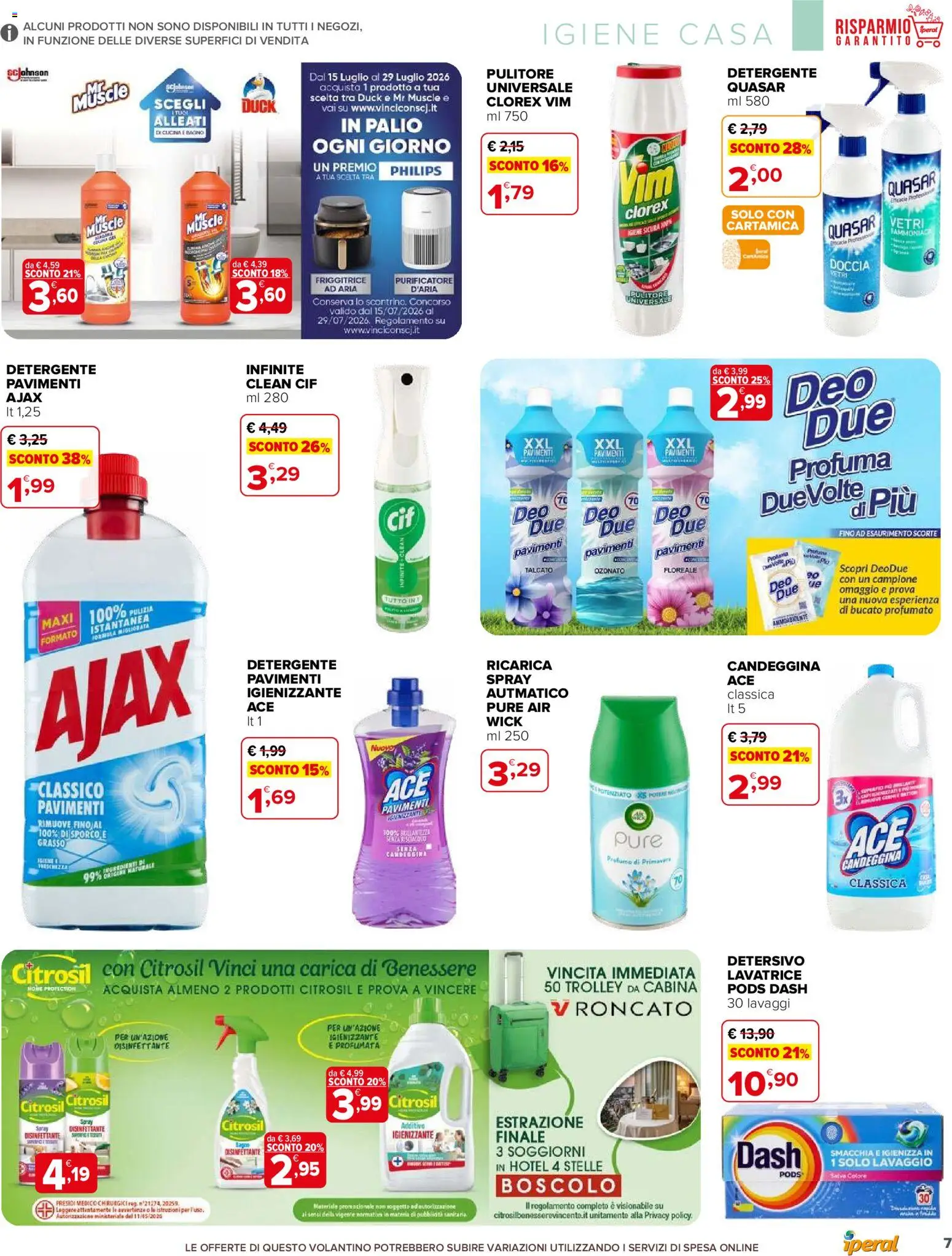 Volantino Iperal del 15/07/2026 | Pagina: 7 | Prodotti: Ammorbidente, Detergente, Lavatrice, Trolley
