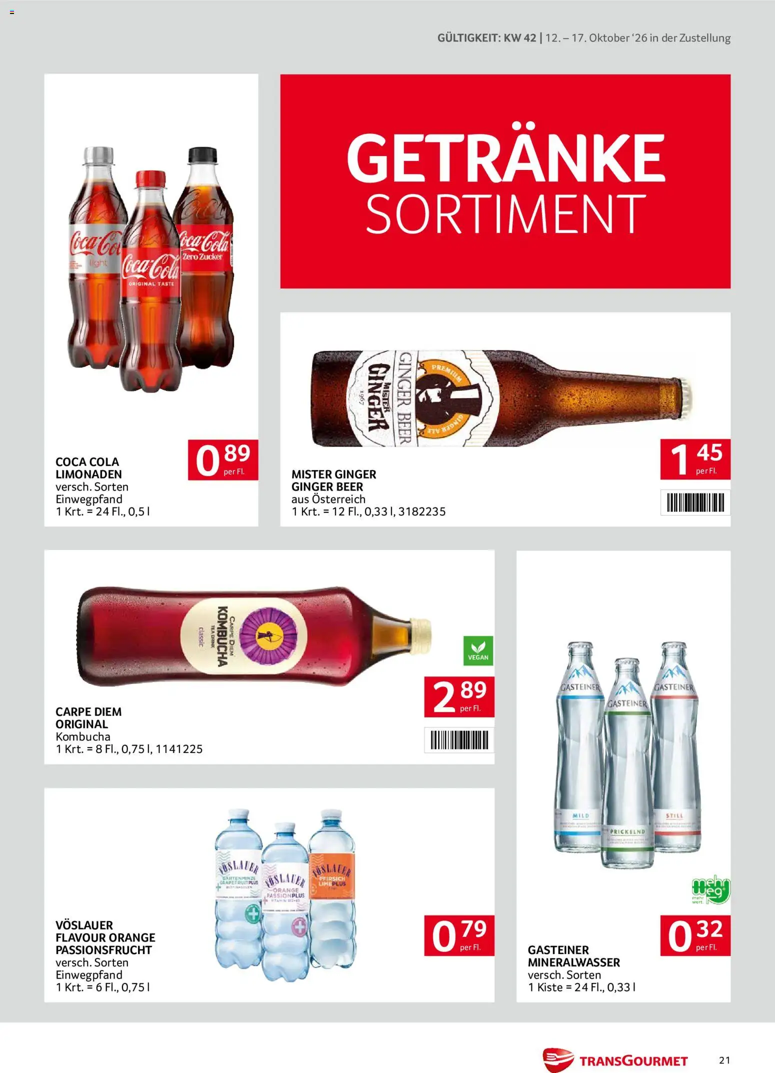 Transgourmet Flugblatt gültig ab 11.10.2026 | Seite: 21 | Produkte: Getränke, Zucker, Pfirsich, Mineralwasser