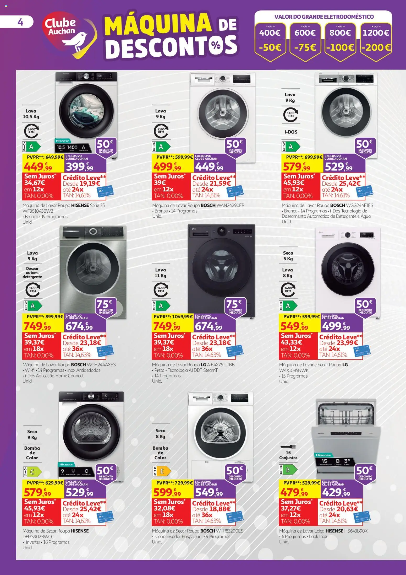 Auchan folheto Conforto para toda a família │ válido de 07/10/2026 | Página: 4 | Produtos: Máquina de lavar, Máquina de lavar roupa, Máquina de secar roupa, Detergente