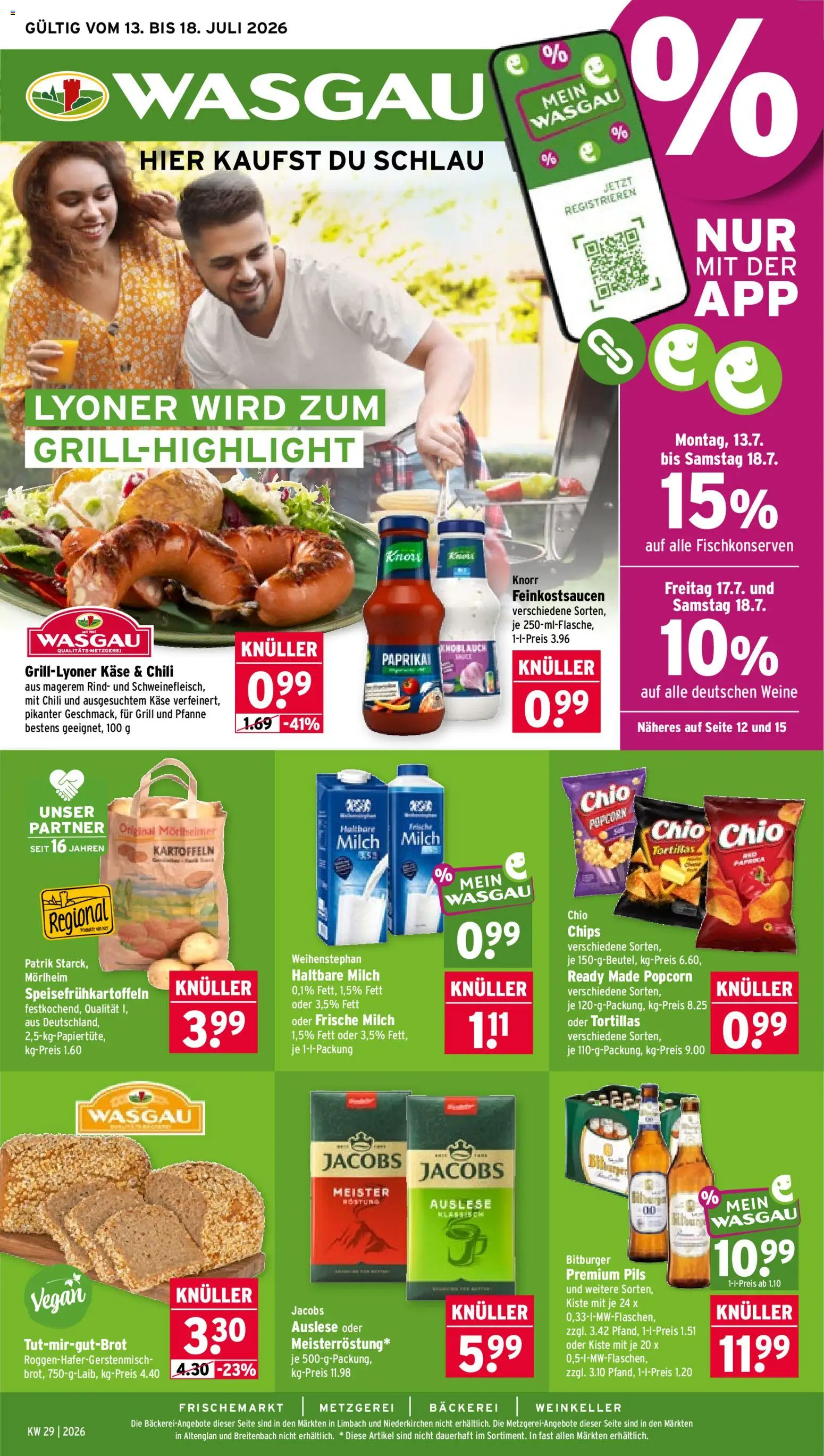 Wasgau Prospekt – gültig ab 13.07.2026 | Seite: 1 | Produkte: Bitburger, Grill, Pils, Knoblauch