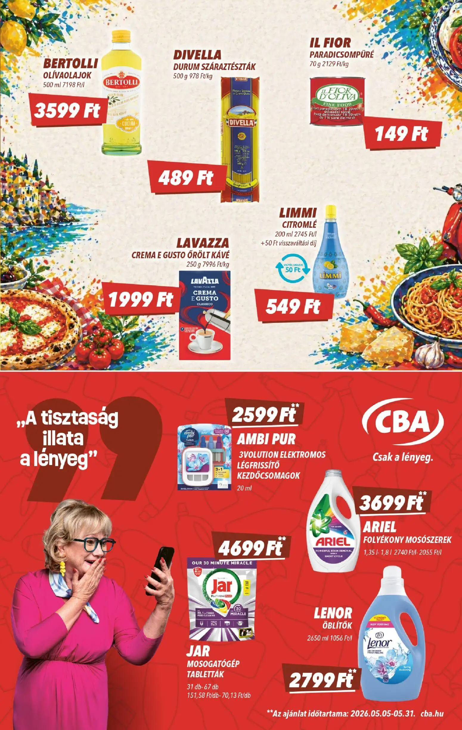 CBA akciós ujság - amely érvényes a következő dátumtól: 21.05.2026 | Oldal: 5 | Termékek: Ariel, Mosogatógép, Paradicsom, Őrölt kávé