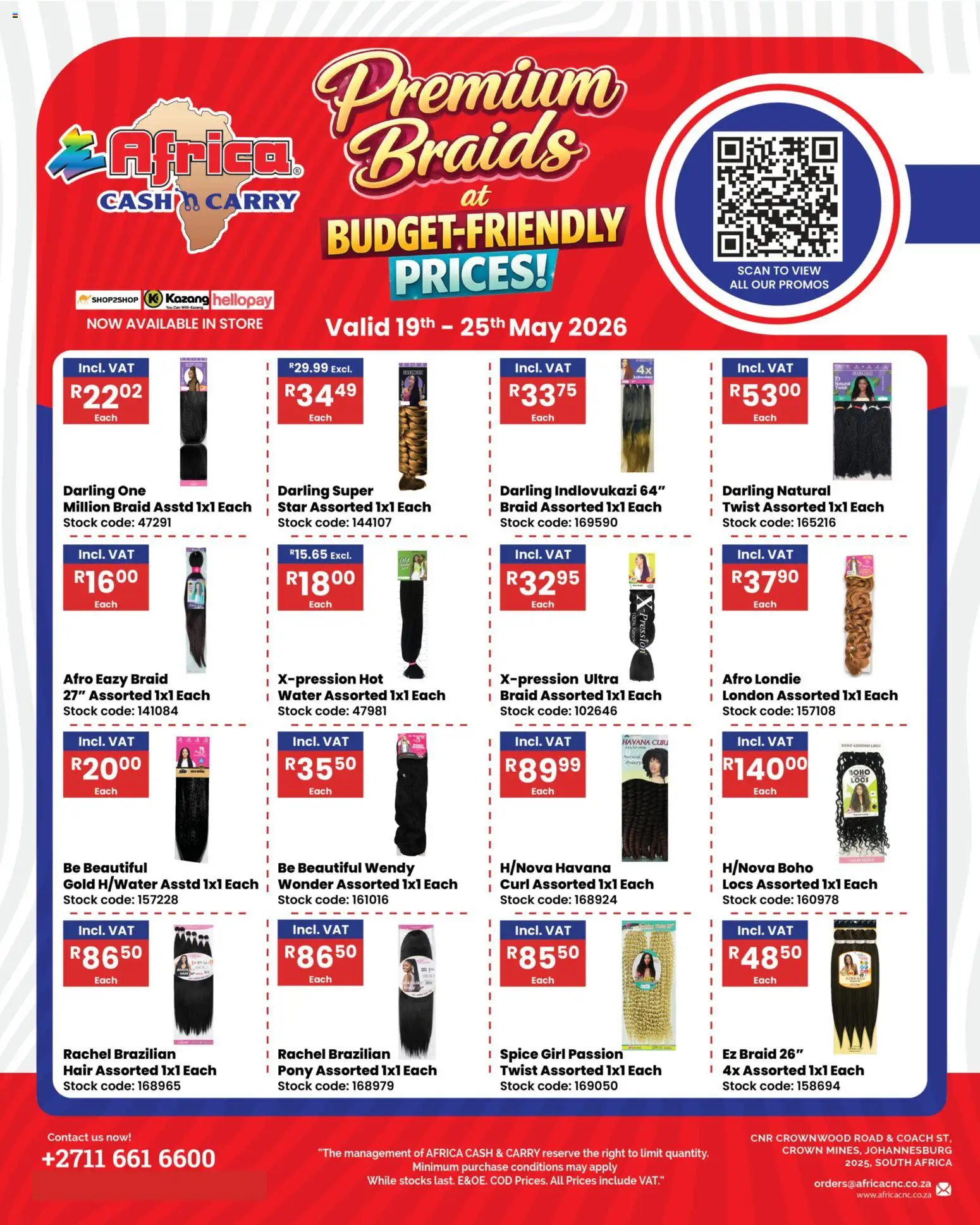 New Africa Cash & Carry catalogue – valid from 19.05.2026 | Page: 1 | Products: Braids, Stock, Water