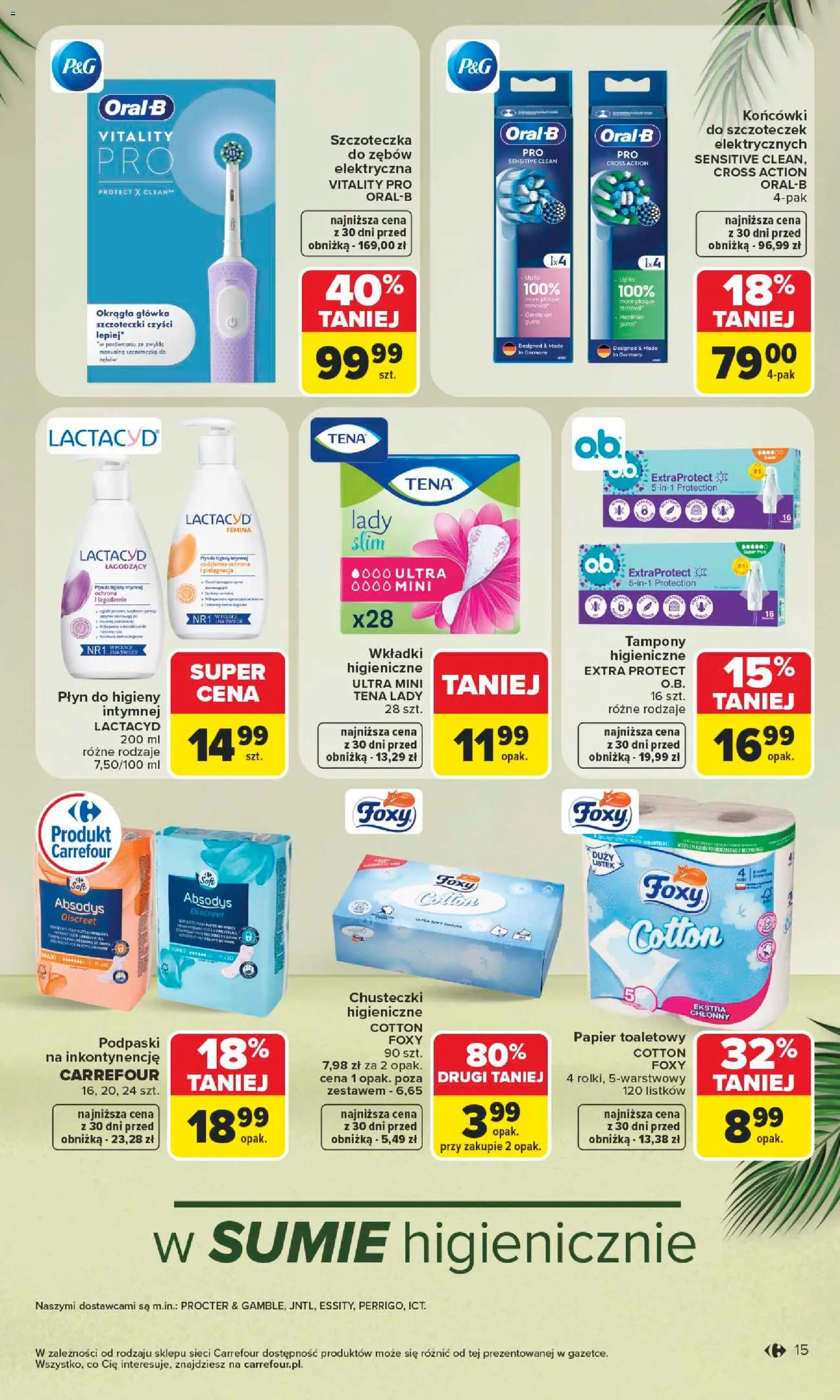 Carrefour gazetka - Latem jest pięknie od 06.07.2026 | Strona: 15 | Produkty: Papier toaletowy, Tampony, Podpaski, Płyn do higieny intymnej