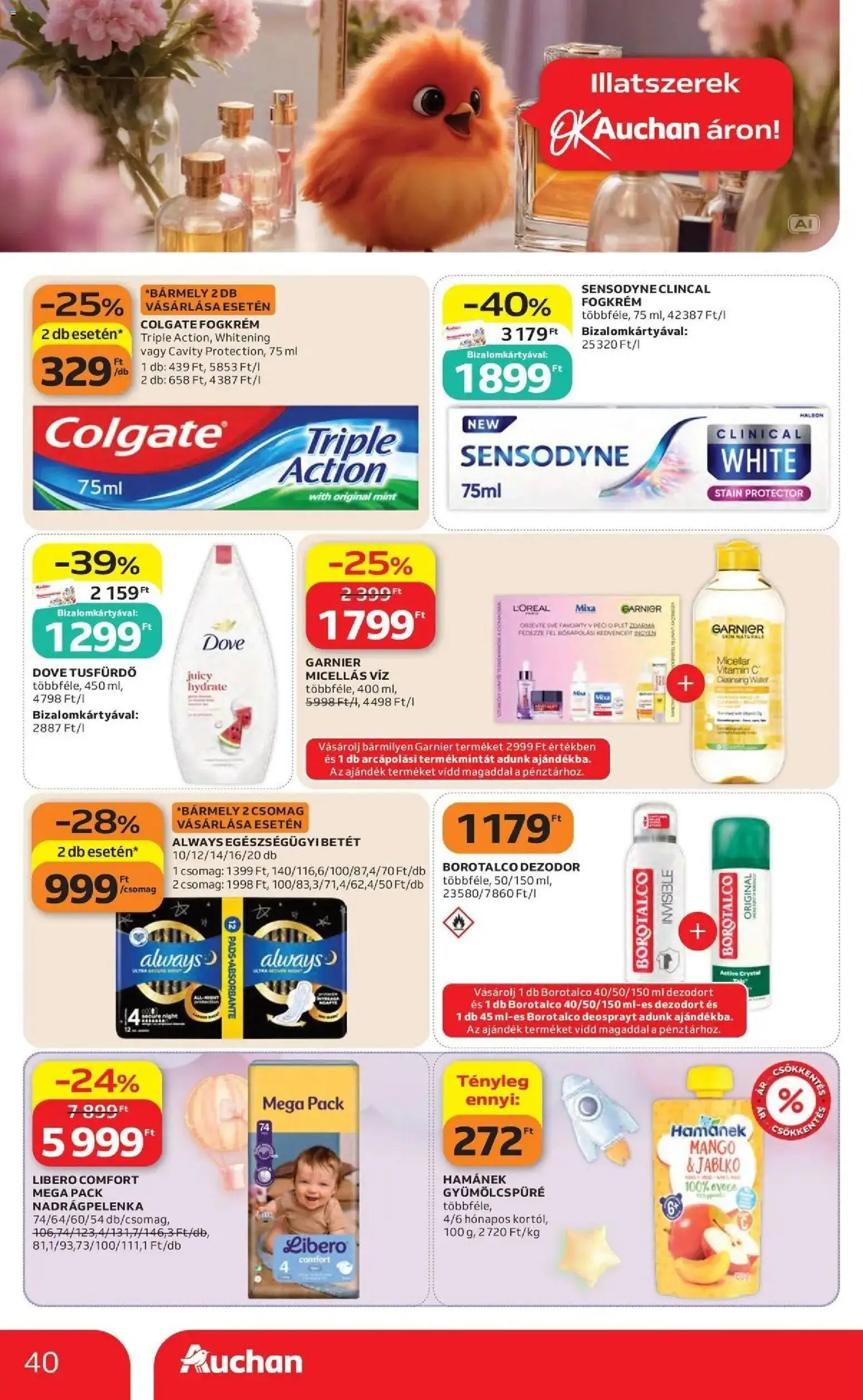 Auchan akciós újság Szolnok - 2026.10.01. -tól/töl > akció, lapozható szórólap 🛍️ | Oldal: 40 | Termékek: Dove, Micellás víz, Always, Dezodor