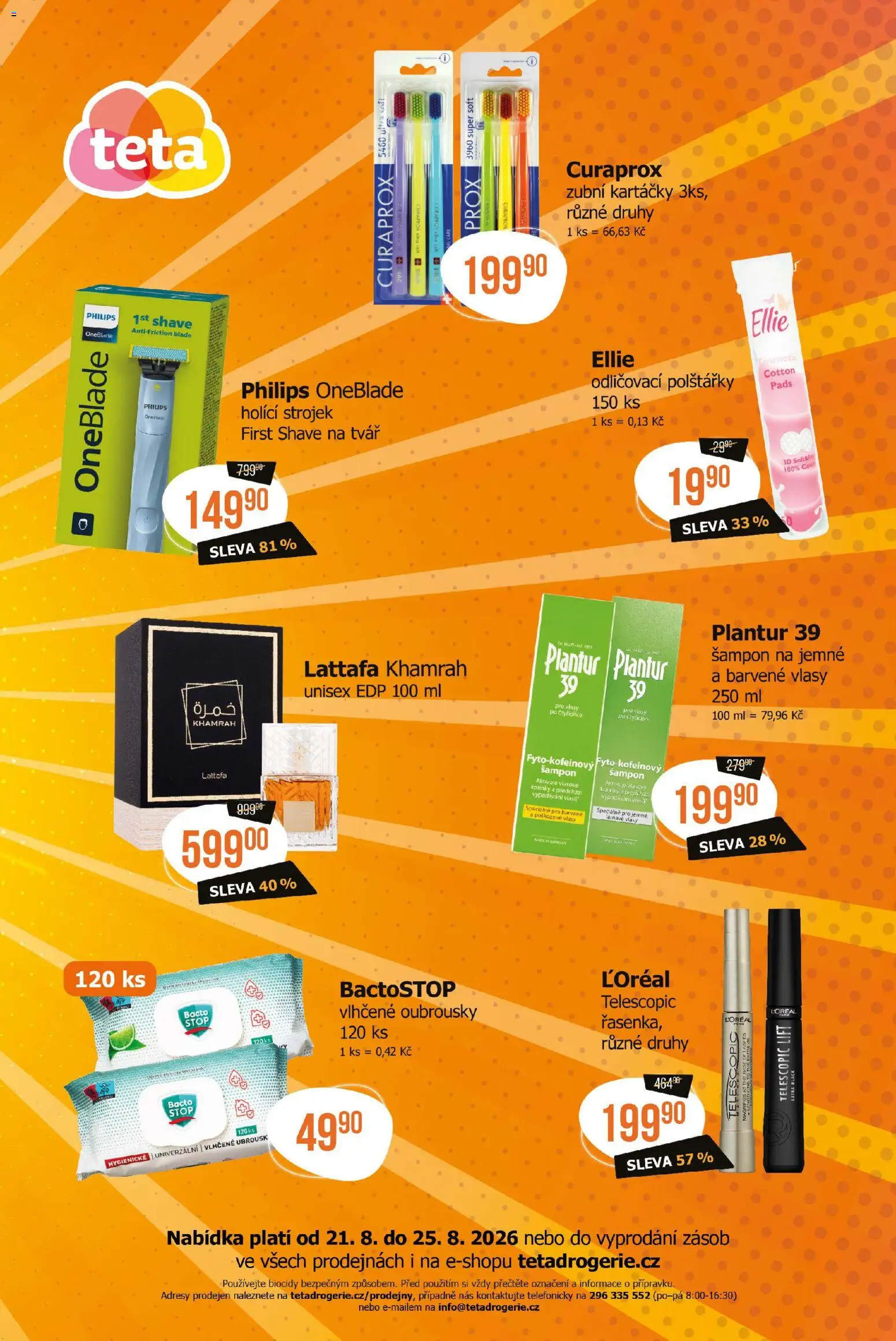 TETA Drogerie leták - Cenový třesk od 21.08.2026 | Strana: 2 | Produkty: Polštářky, Holicí strojek, Philips oneblade, Šampon