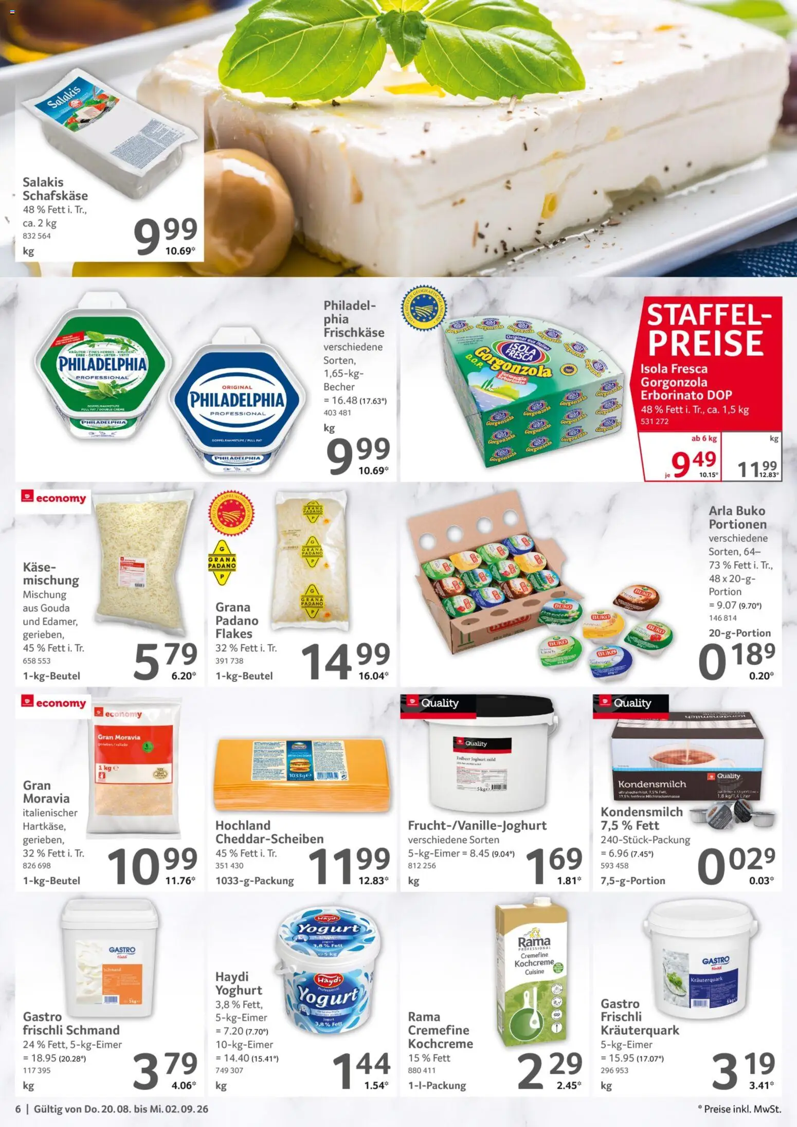 Selgros Gastronomie – gültig ab 20.08.2026 | Seite: 6 | Produkte: Joghurt, Gouda, Arla buko, Kondensmilch