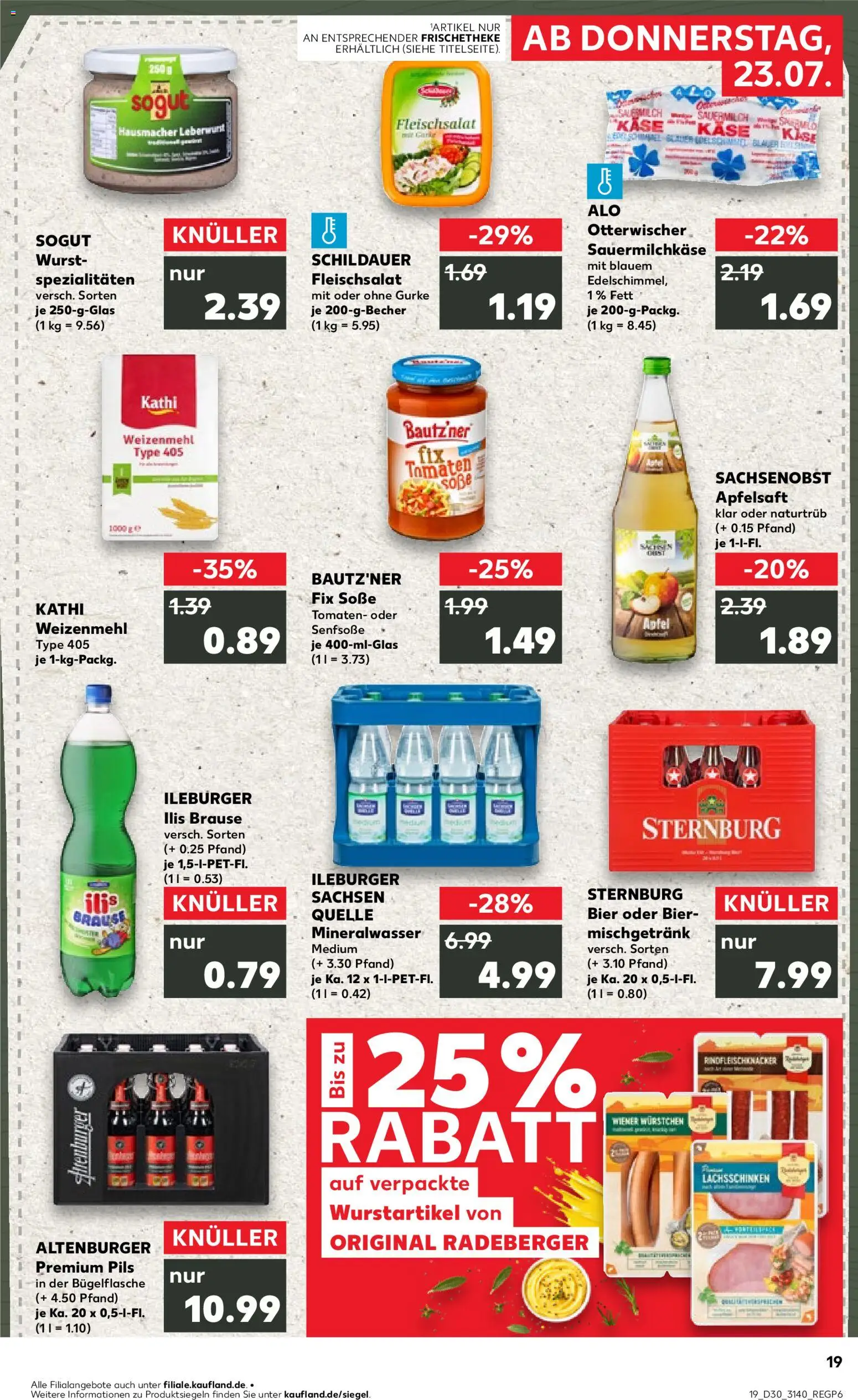 Kaufland Prospekt Leipzig – gültig ab 23.07.2026 | Seite: 19 | Produkte: Pils, Weizenmehl, Mineralwasser, Soße