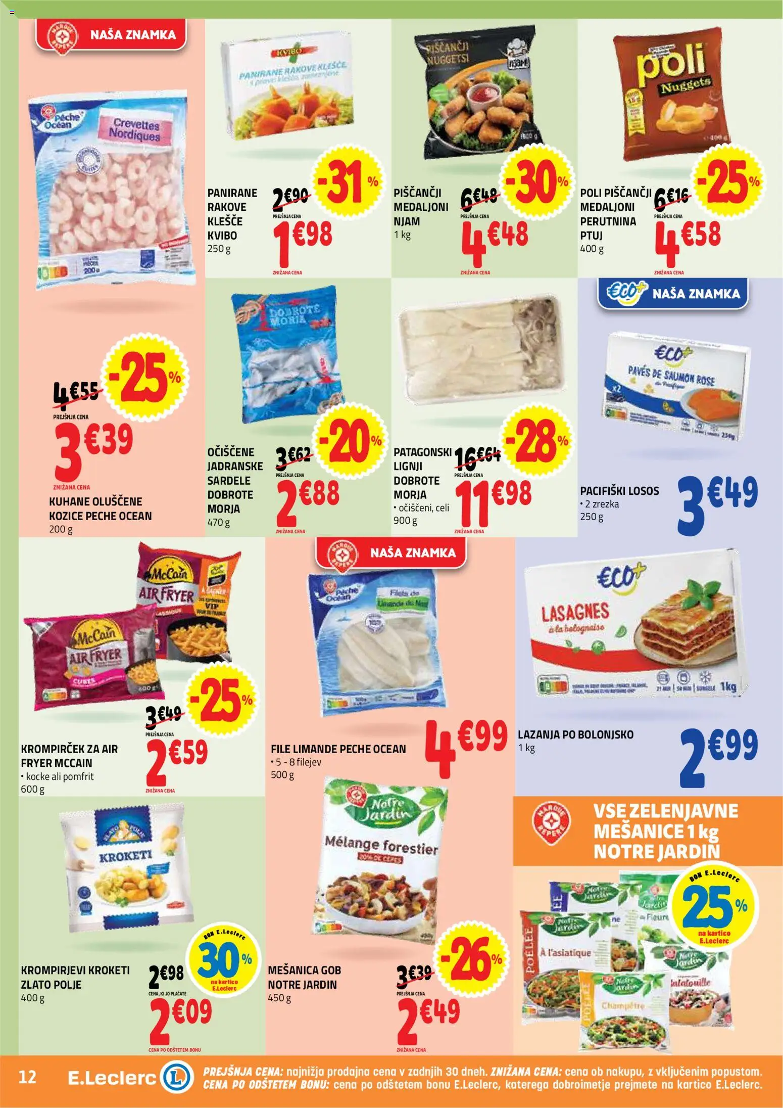 Novi E.leclerc katalog ponudbe – veljaven od 15.07.2026 | Stran: 12 | Izdelki: Lignji, Kozice, Losos, Lazanja