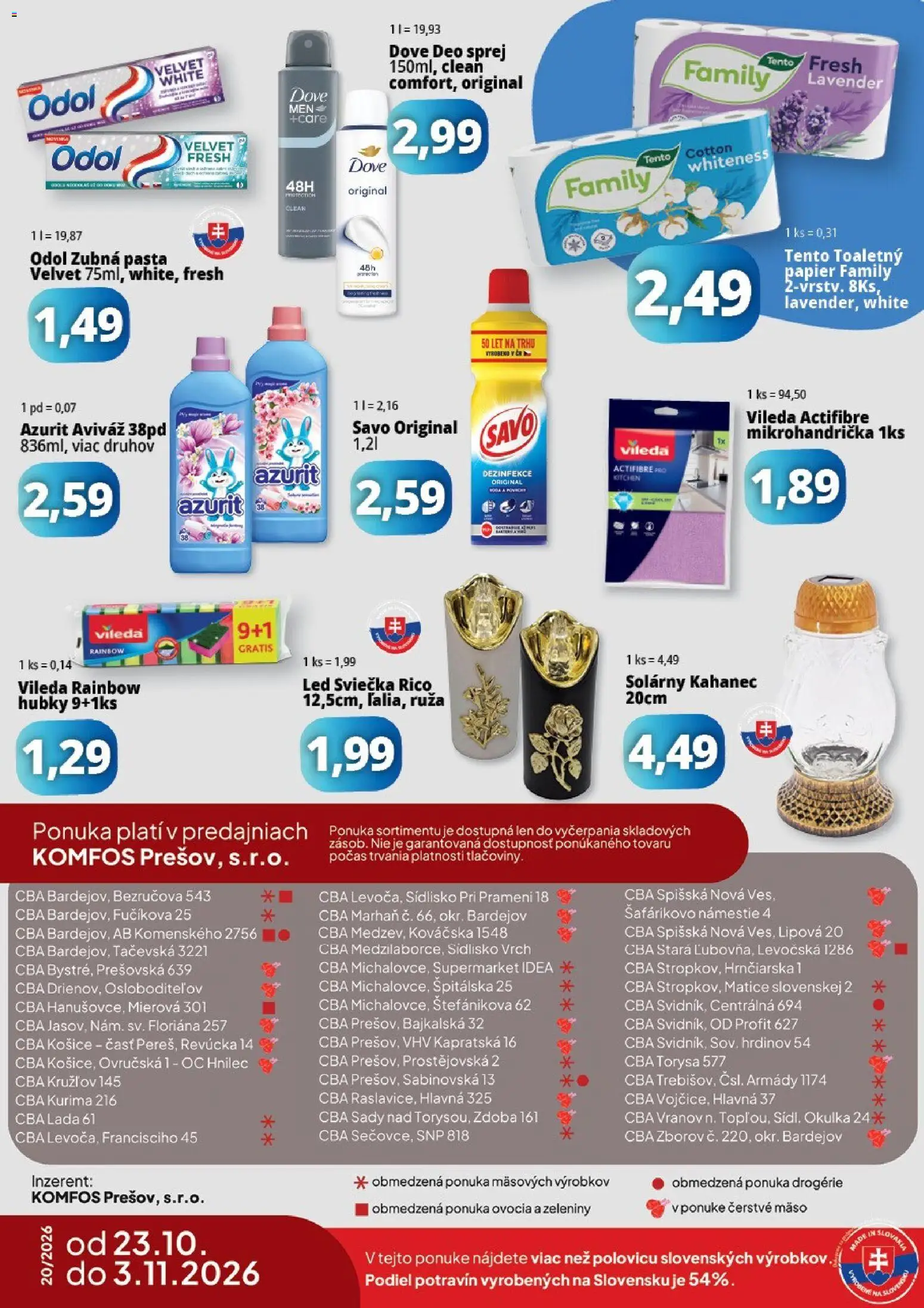 Nové CBA Komfos akcie – leták je platný od 23.10.2026 | Strana: 16 | Produkty: Savo, Mäso, Zubná pasta, Aviváž