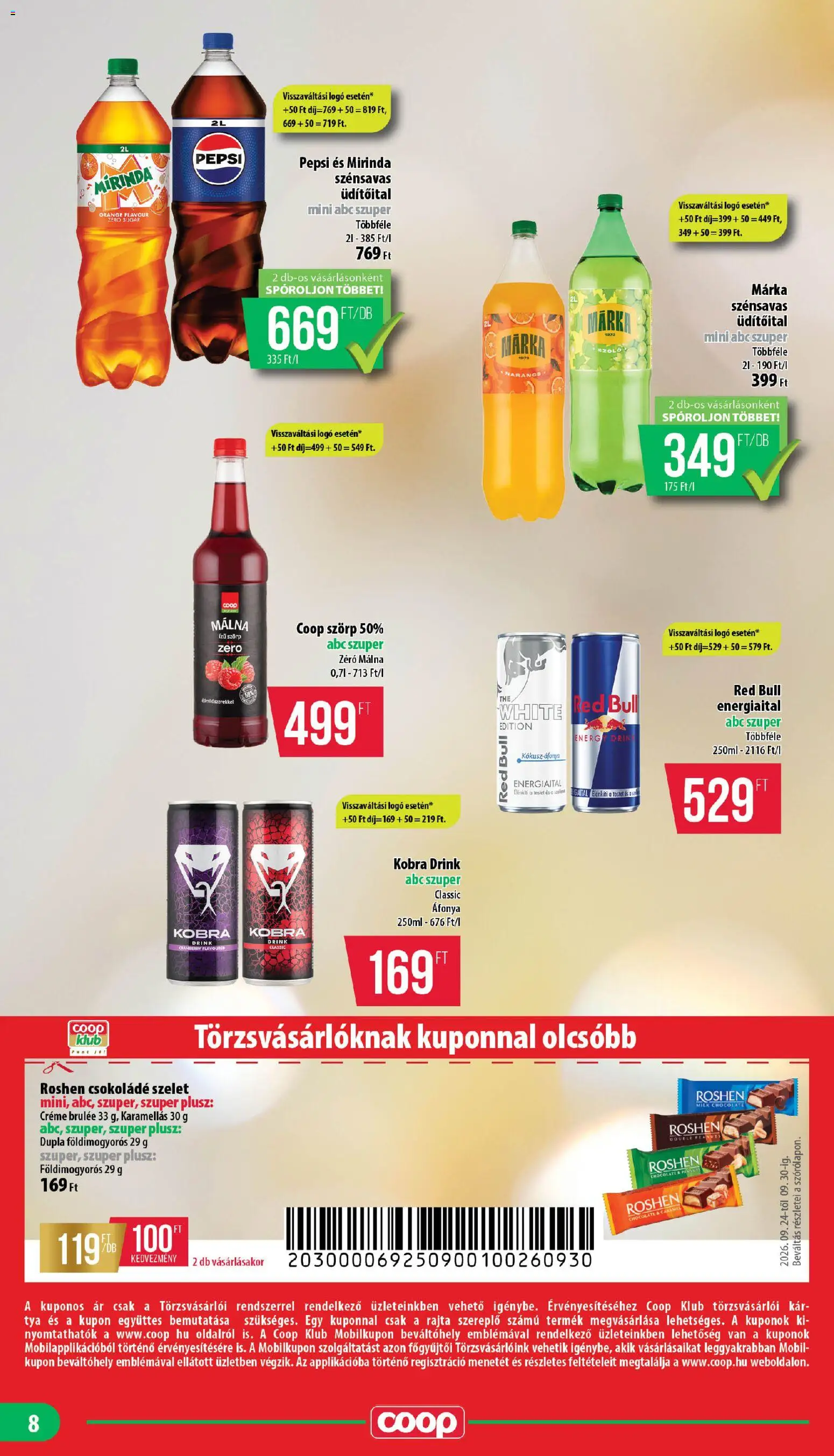 COOP akciós ujság - amely érvényes a következő dátumtól: 2026.09.24. | Oldal: 8 | Termékek: Málna, Energiaital, Pepsi, Mirinda