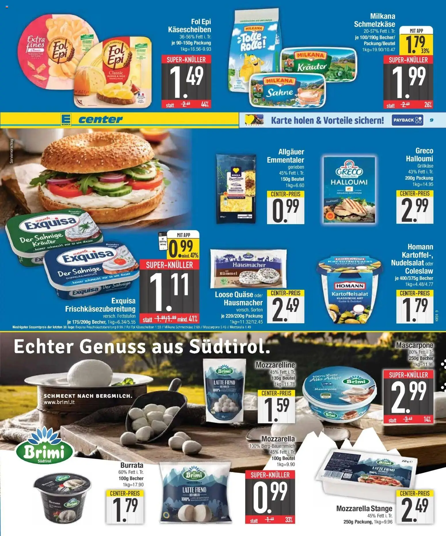 E center Prospekt Großmehring – gültig ab 27.07.2026 | Seite: 9 | Produkte: Mascarpone, Exquisa, Burrata, Sahne
