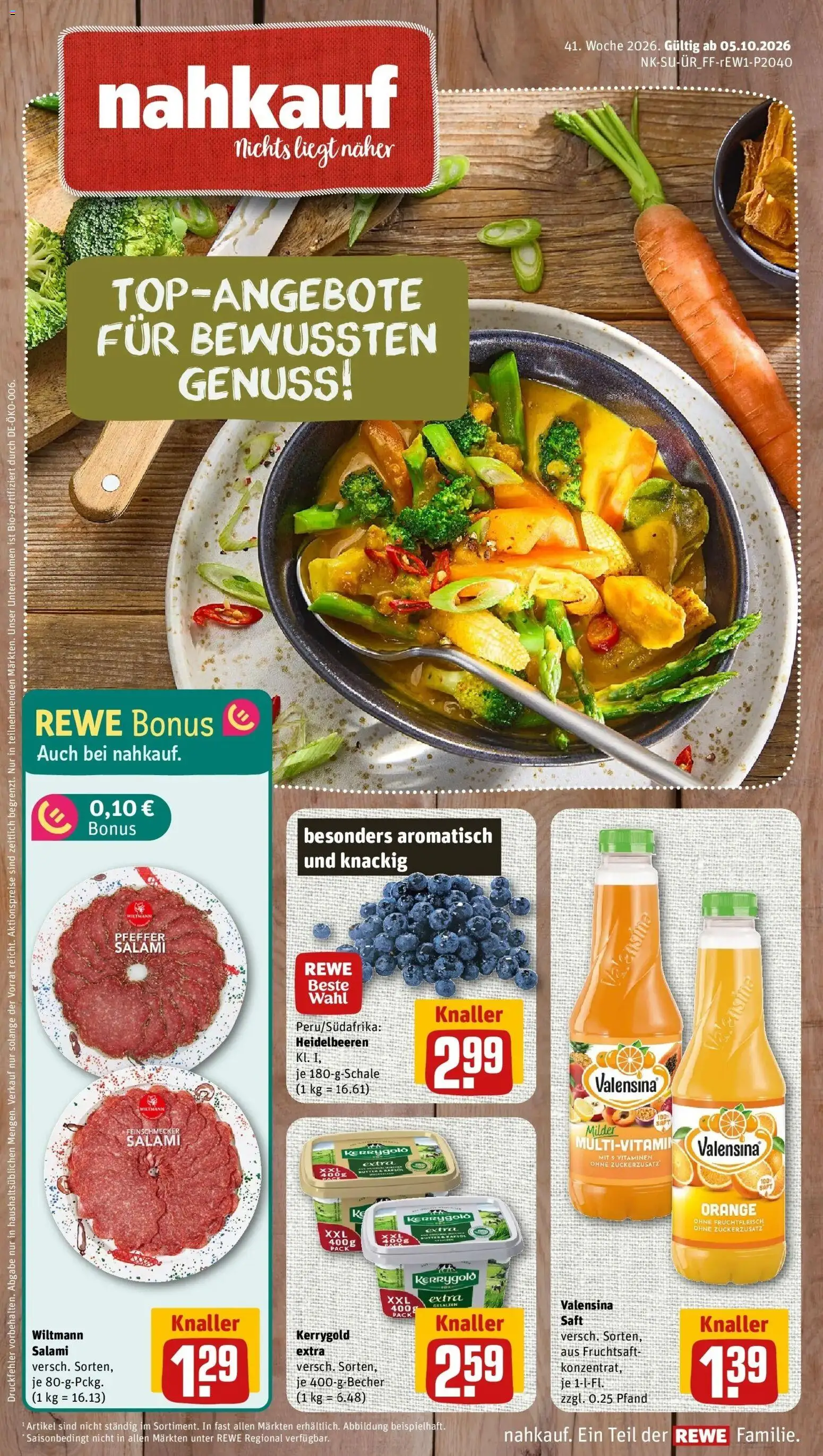 REWE Prospekt ab 05.10.2026 zum Blättern » Angebote | Seite: 1 | Produkte: Heidelbeeren, Valensina, Saft, Fruchtsaft