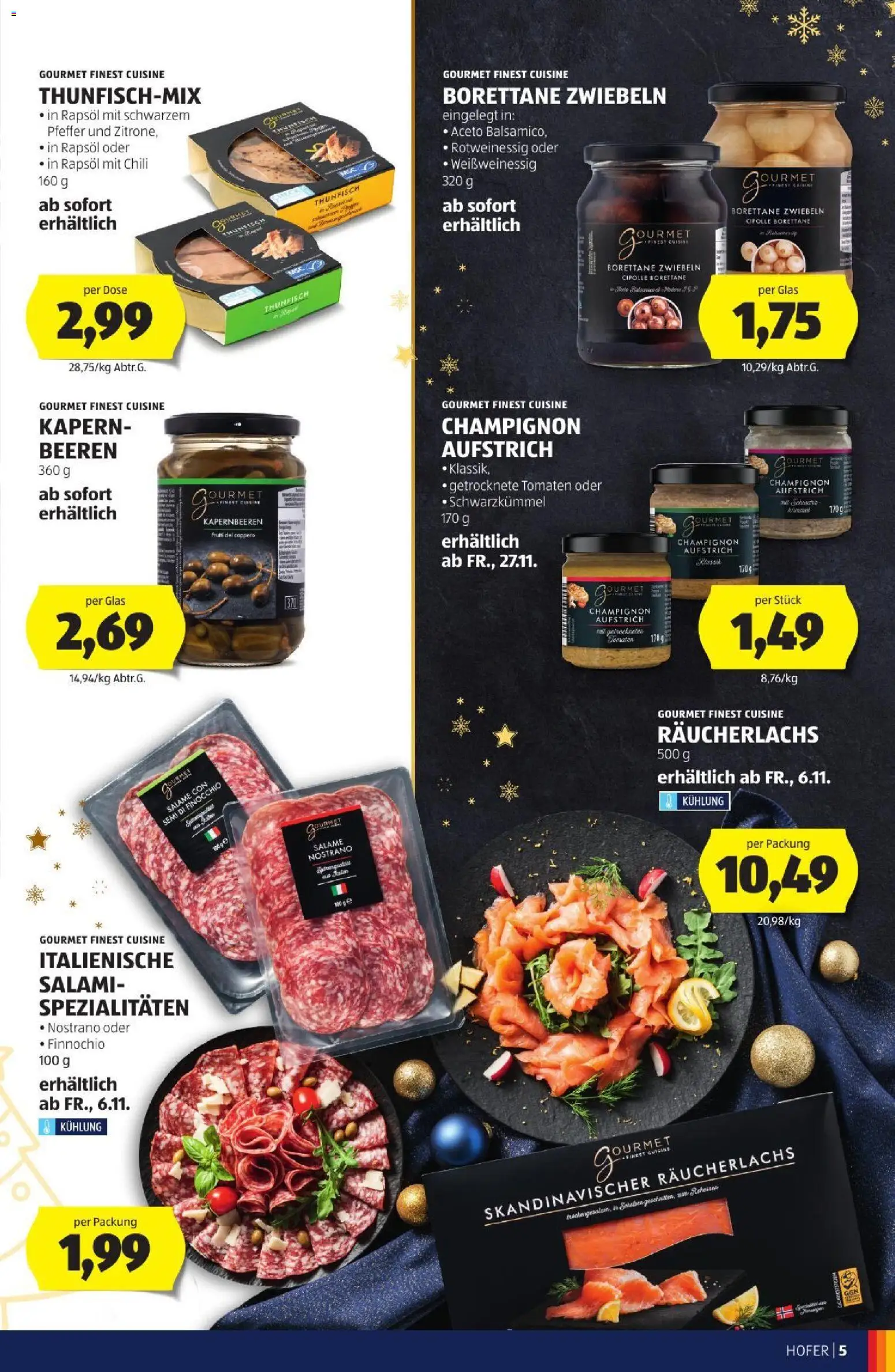 Hofer Weihnachtskatalog gültig ab 28.10.2026 | Seite: 5 | Produkte: Zwiebeln, Chili, Salami, Tomaten