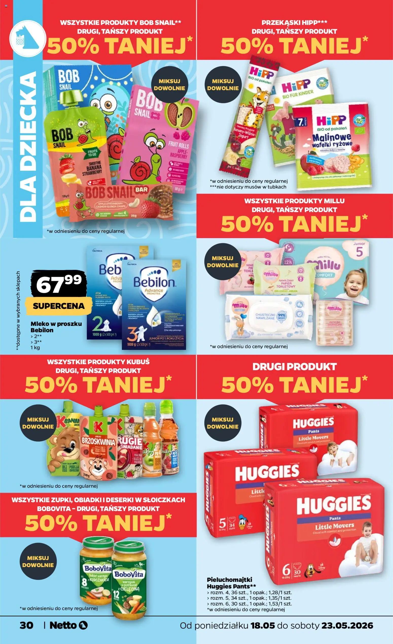 Netto gazetka od poniedziałku spożywcza od 18.05.2026 | Strona: 30 | Produkty: Smoothie, Pieluchomajtki, Mleko, Jogurt