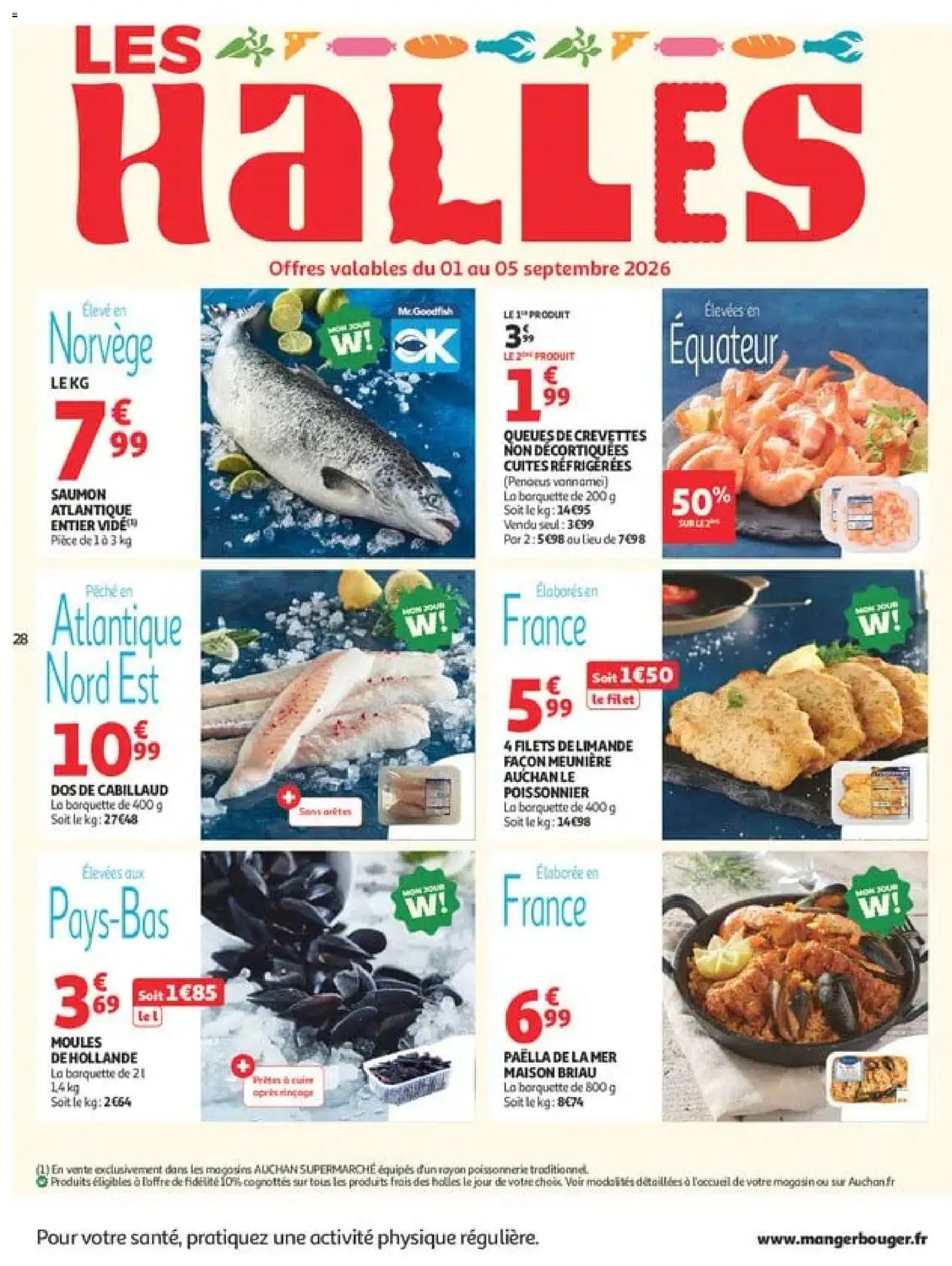 {H1} | Page: 28 | Produits: Moules de hollande, Pêche, Saumon atlantique entier vide, Filets de limande