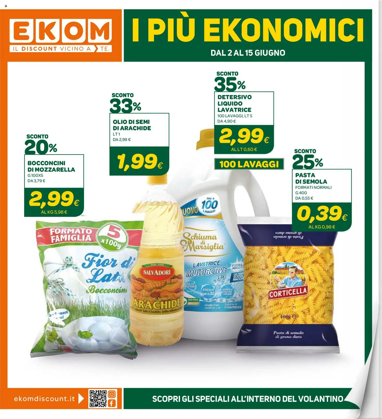 Volantino Ekom del 02.06.2026 | Pagina: 1 | Prodotti: Mozzarella, Olio, Pasta, Lavatrice