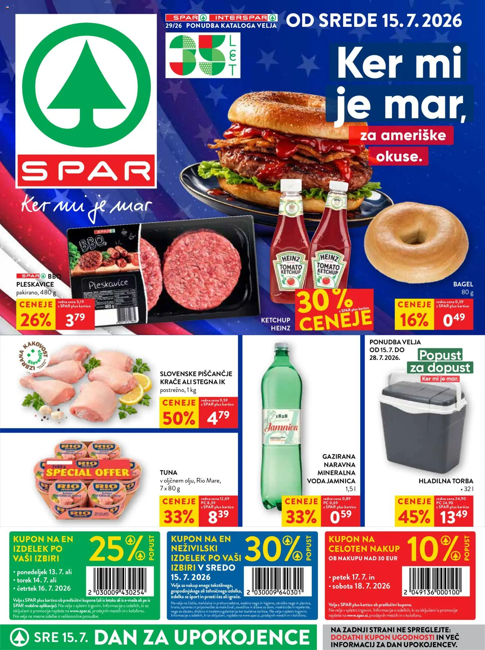Novi Spar katalog ponudbe – veljaven od 16.07.2026 | Stran: 1 | Izdelki: Torba, Tuna, Pleskavice, Voda