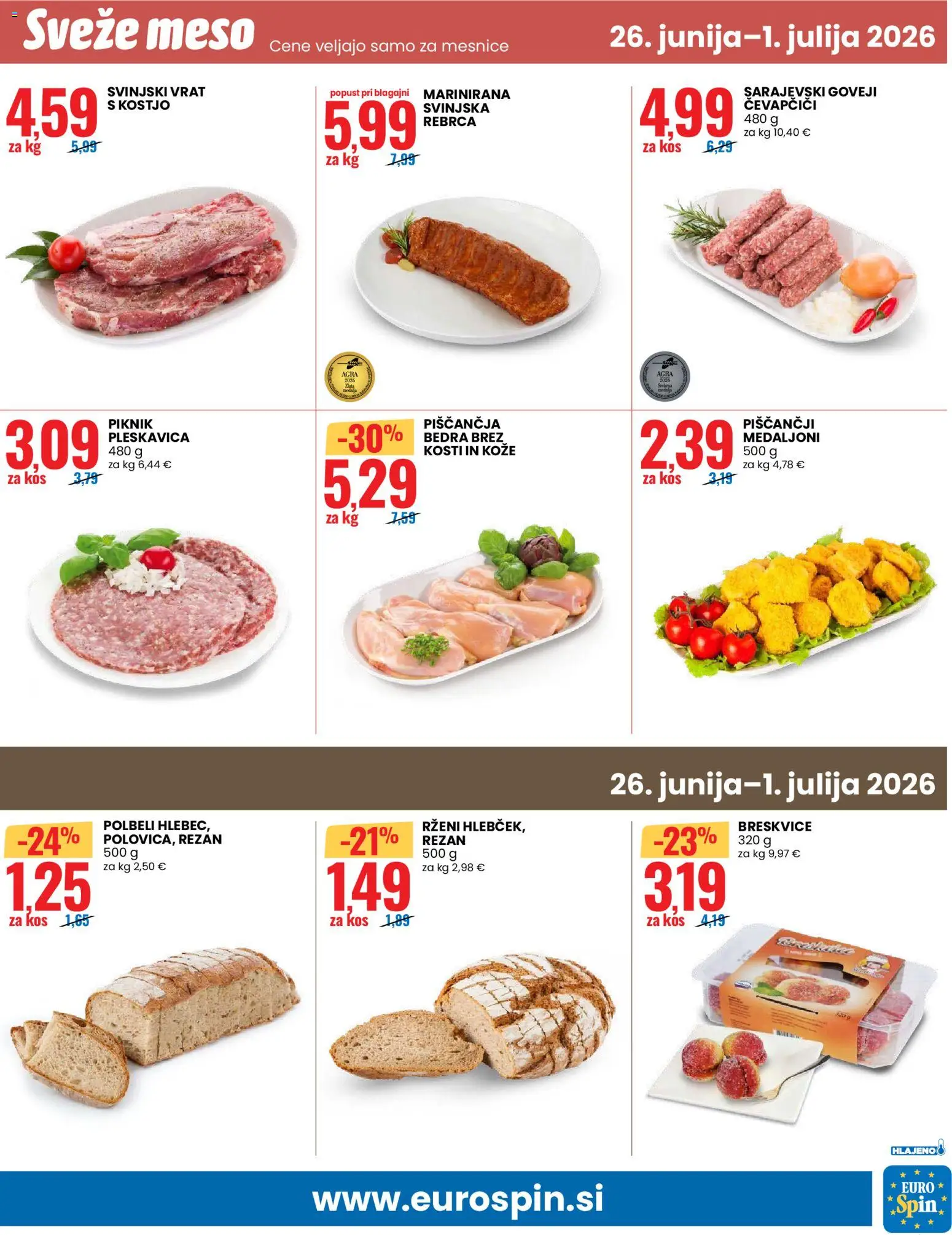 Novi Eurospin katalog ponudbe – veljaven od 26.06.2026 | Stran: 13 | Izdelki: Rebrca, Čevapčiči, Piščančja bedra, Kos