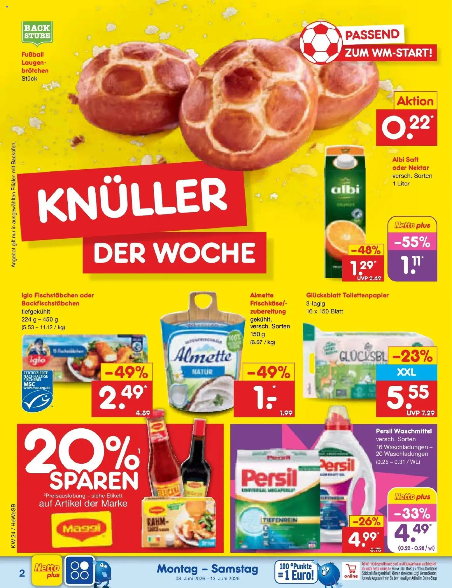 Netto Marken-Discount Prospekt Hamburg – gültig ab 08.06.2026 | Seite: 4 | Produkte: Almette, Maggi, Fußball, Saft