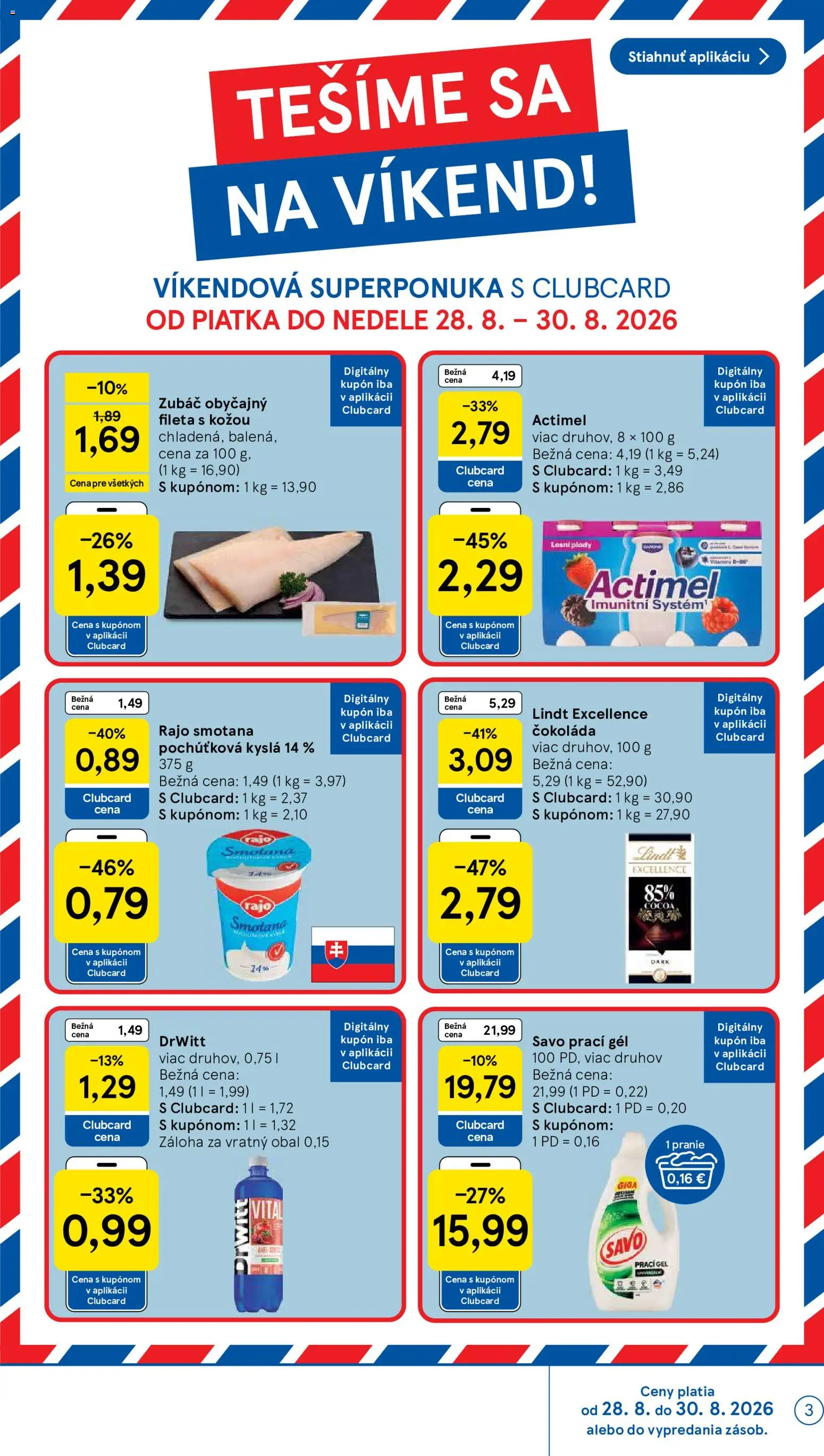 Nové Tesco akcie – leták je platný od 26.08.2026 | Strana: 3 | Produkty: Smotana, Lindt, Savo, Prací gél