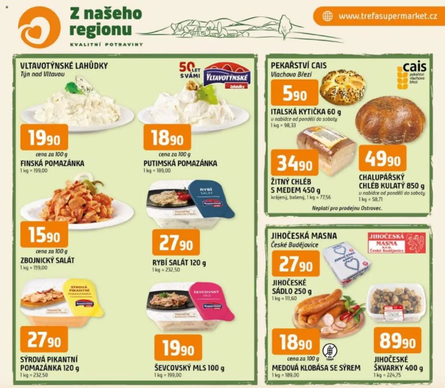 Trefa leták - Z našeho regionu kvalitní potraviny od 19.08.2026 | Strana: 1 | Produkty: Salát, Žitný chléb, Škvarky, Pomazánka