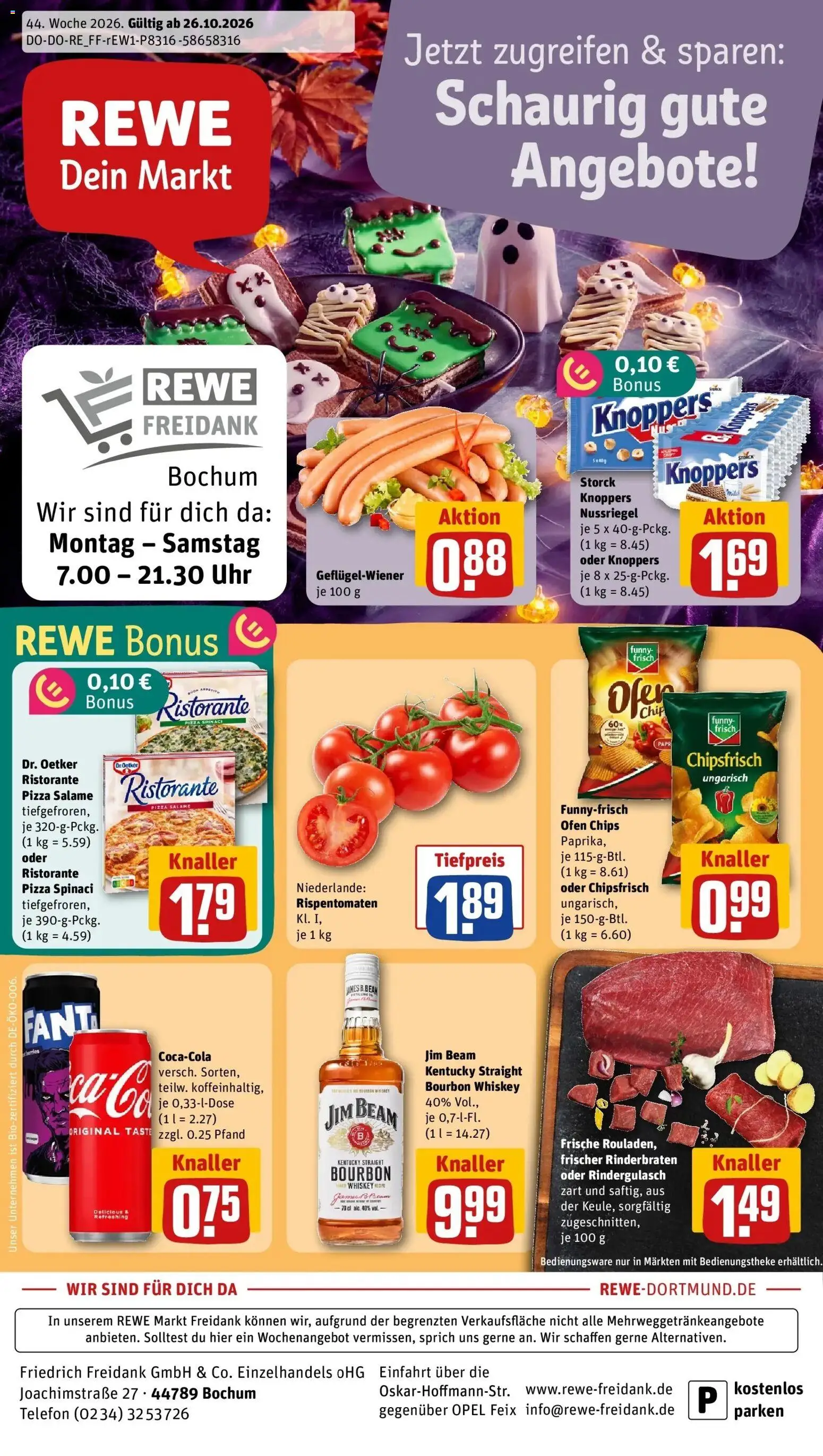 REWE Prospekt ab 26.10.2026 zum Blättern » Angebote | Seite: 1 | Produkte: Ristorante, Rinderbraten, Jim beam, Funny frisch