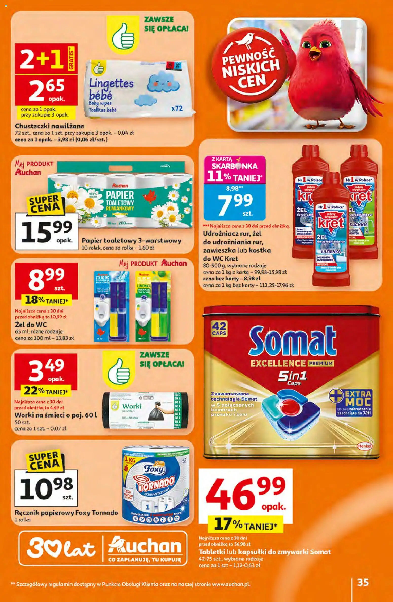 Auchan gazetka - 30 Lat Hipermarket od 16.04.2026 | Strona: 35 | Produkty: Karta, Limonka, Ręcznik papierowy, Kapsułki do zmywarki
