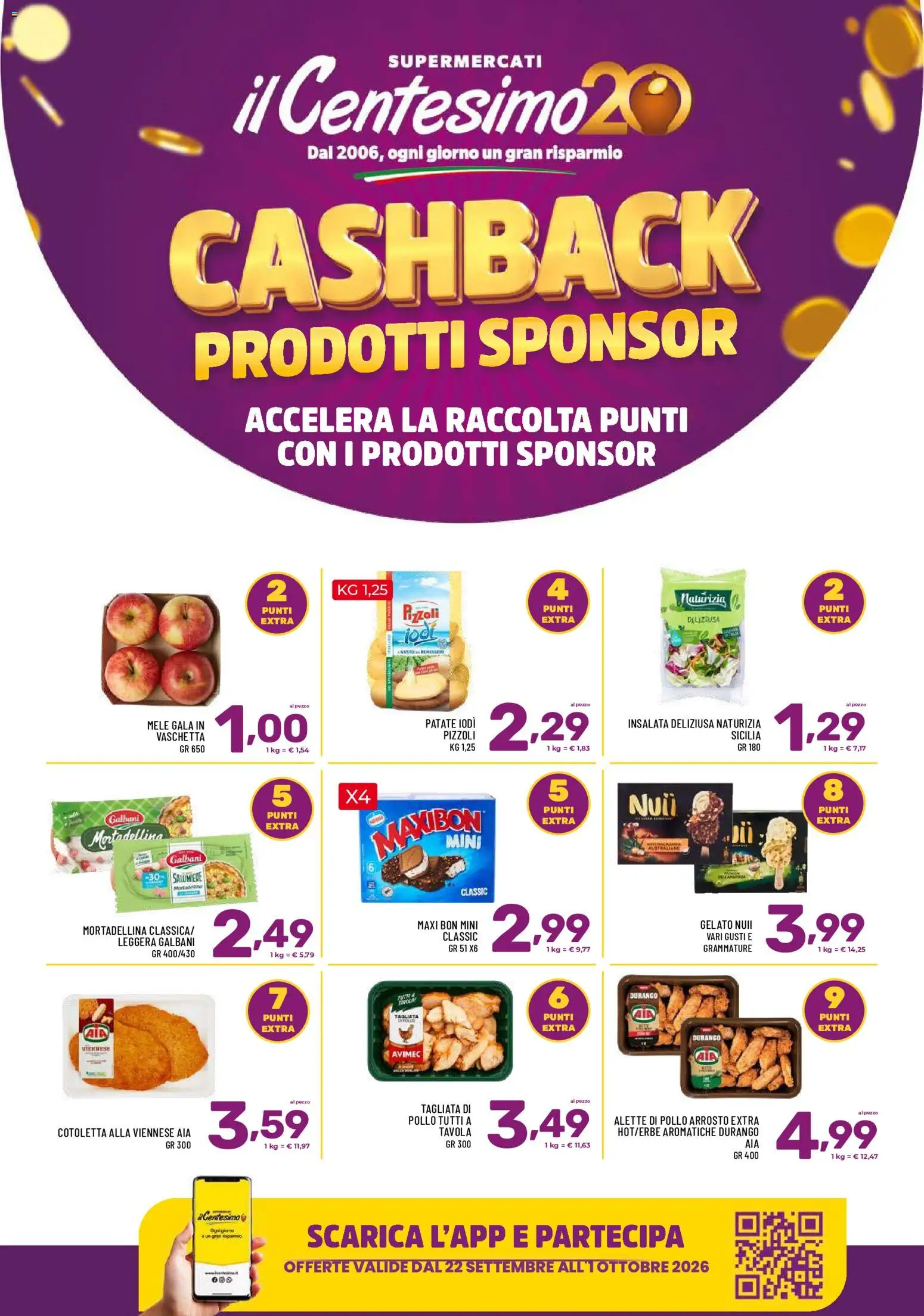 Volantino Il Centesimo del 22/09/2026 | Pagina: 1 | Prodotti: Mele, Gelato, Insalata, Pollo arrosto