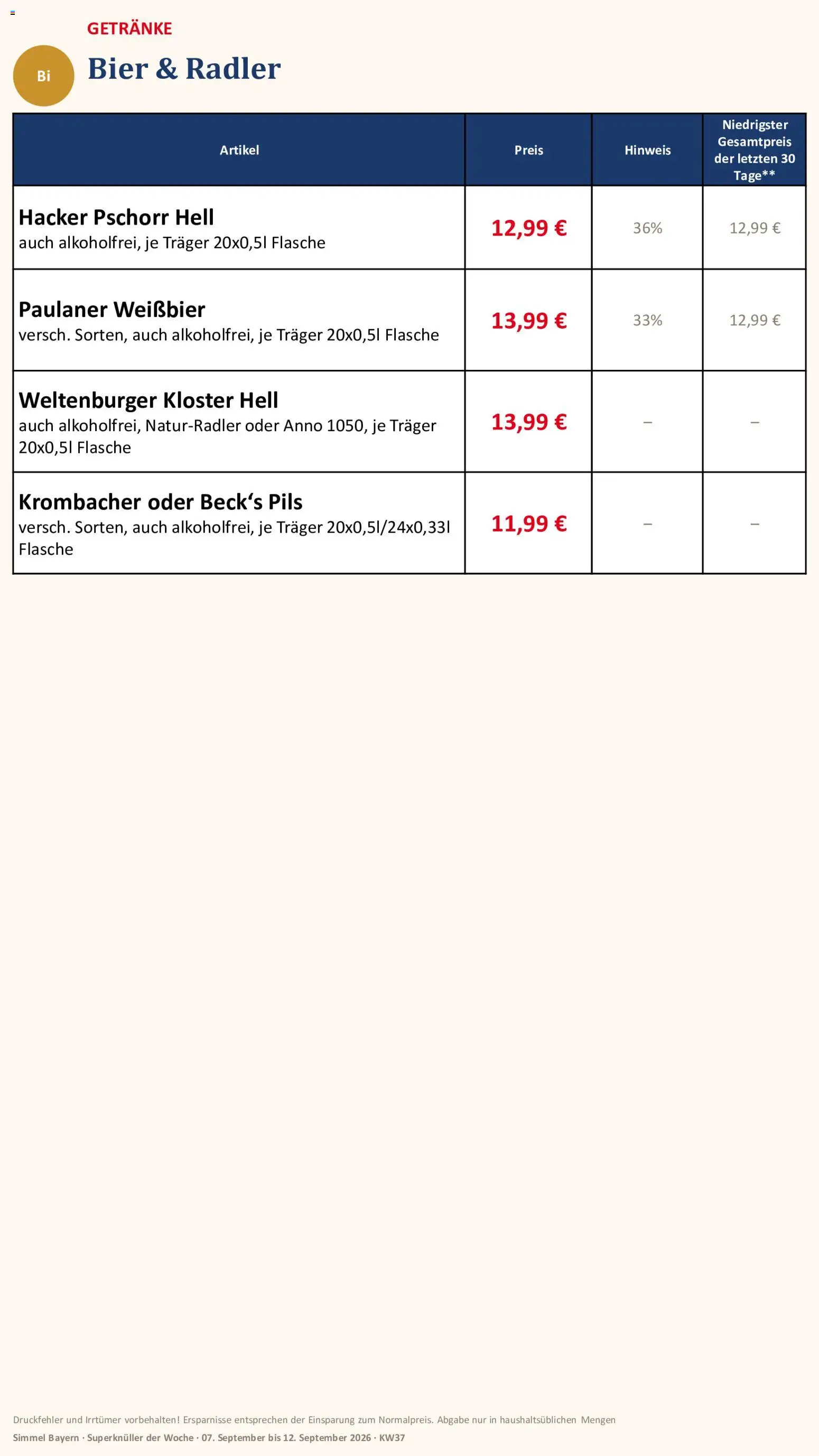 Simmel Bayern – gültig ab 07.09.2026 | Seite: 14 | Produkte: Bier, Radler, Krombacher, Paulaner