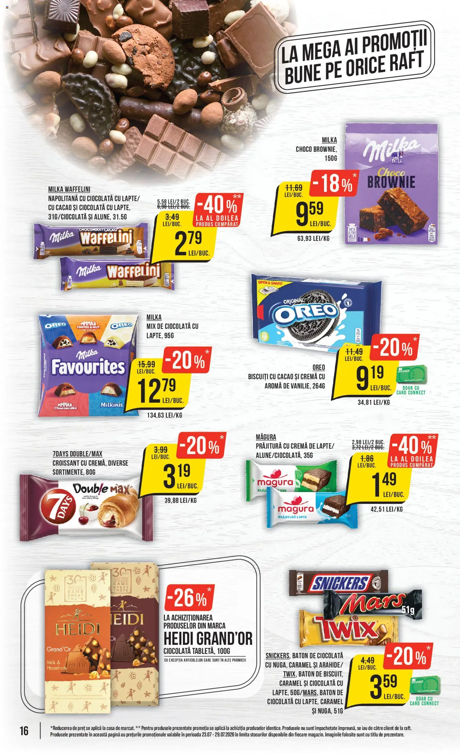 Noul catalog Mega Image – valabil de la 23.07.2026 | Pagină: 16 | Produse: Croissant, Oreo, Baton de ciocolata, Cremă
