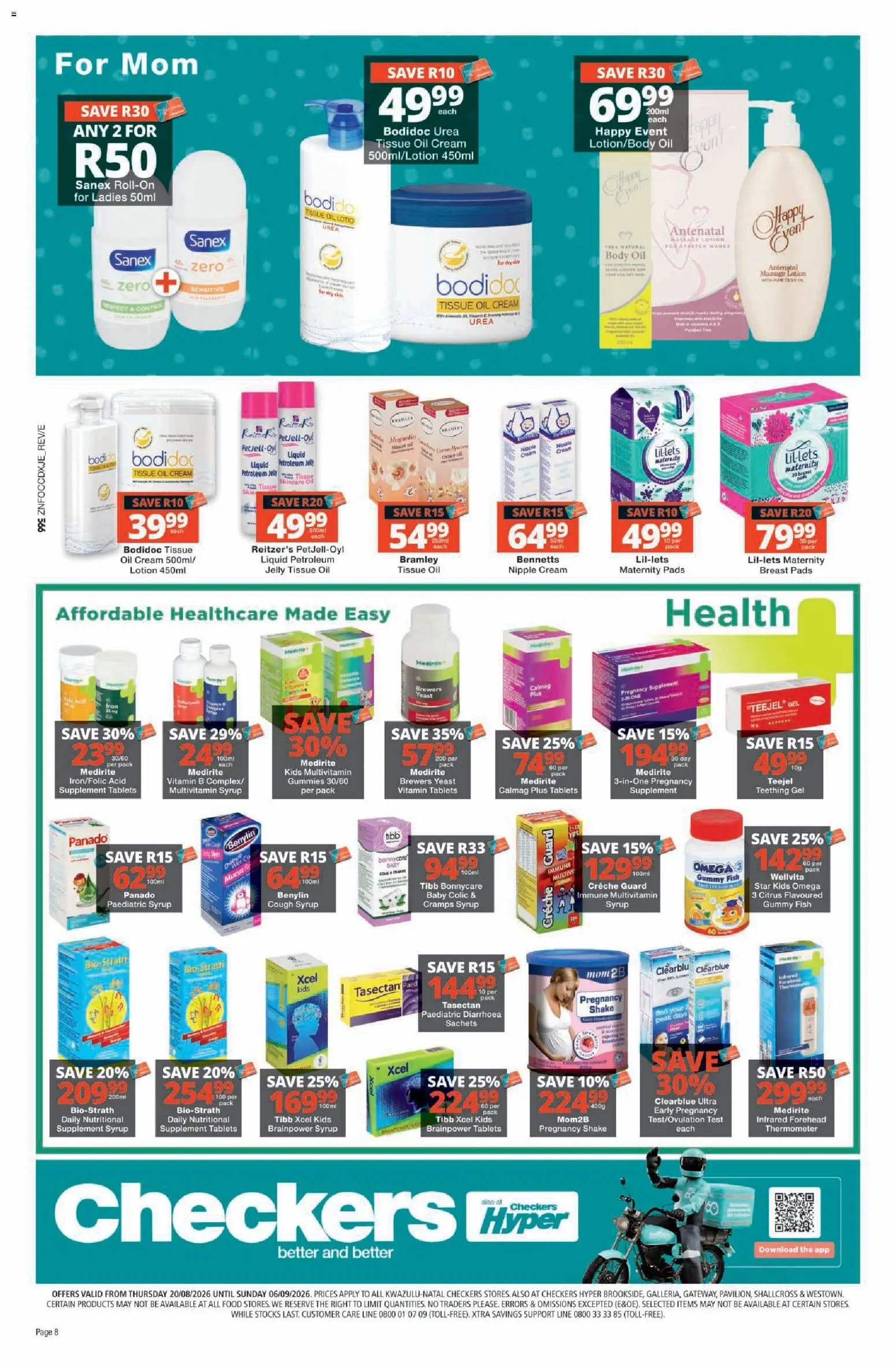 New Checkers catalogue – valid from 20/08/2026 | Page: 8 | Products: Pads, Cough syrup, Fish, Syrup