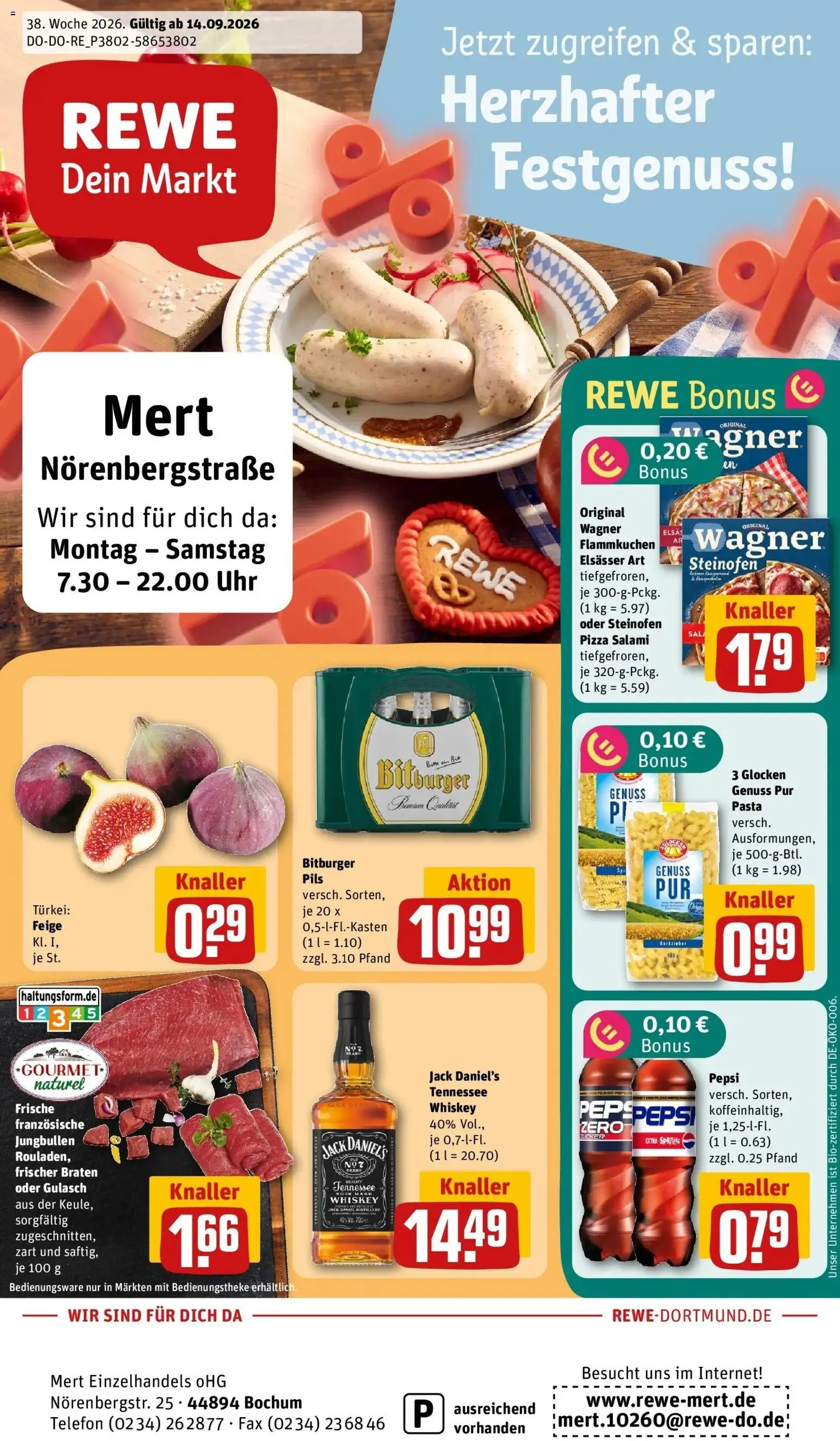 REWE Prospekt ab 14.09.2026 zum Blättern » Angebote | Seite: 1 | Produkte: Pils, Jack Daniel's, Gulasch, Pizza