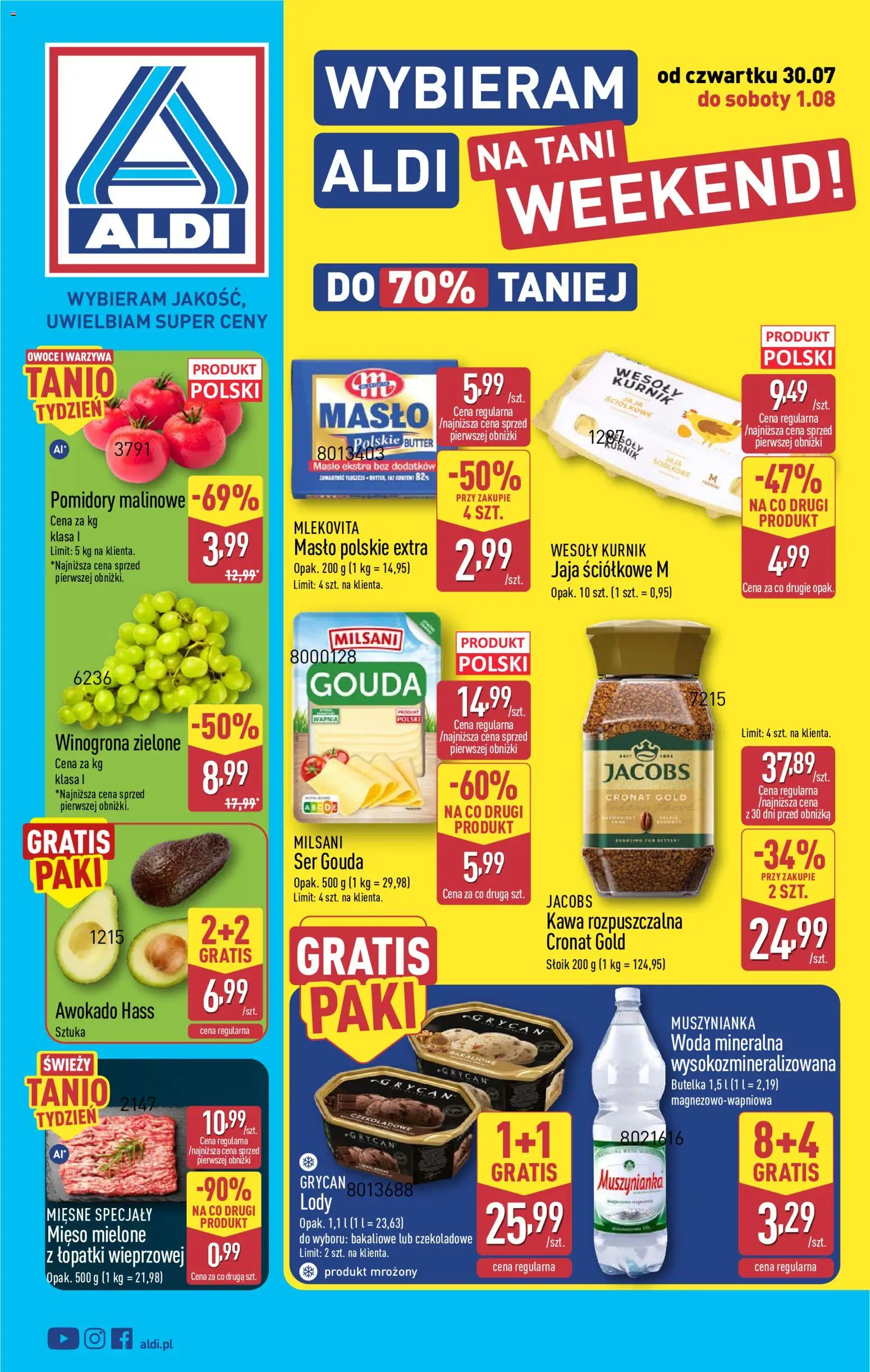 Aldi Polsko leták - Oferta weekendowa od 30.07.2026 | Strana: 1 | Produkty: Gouda, Máslo, Jacobs