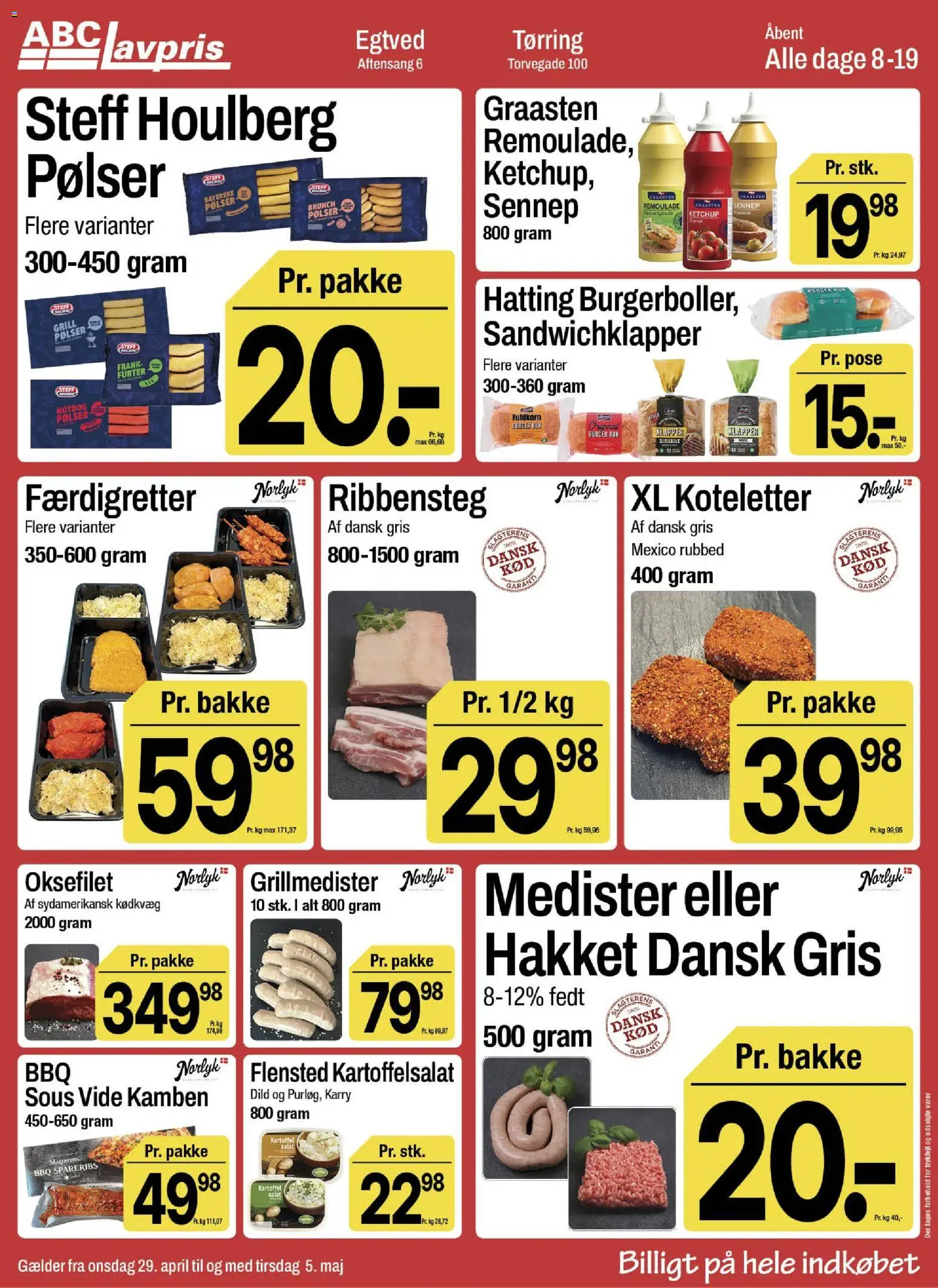 Abc Lavpris tilbudsavis – gyldig fra 29.04.2026 | Side: 7 | Produkter: Pølser, Kartoffelsalat, Spareribs, Remoulade