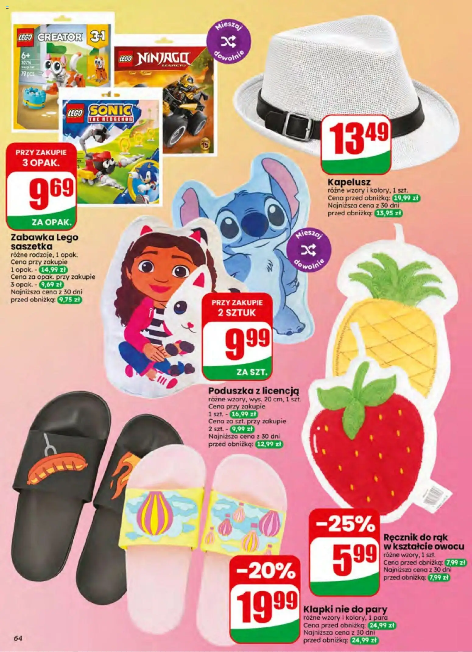 Dino gazetka od 24.06.2026 | Strona: 64 | Produkty: Klapki, Kapelusz, Poduszka, Lego