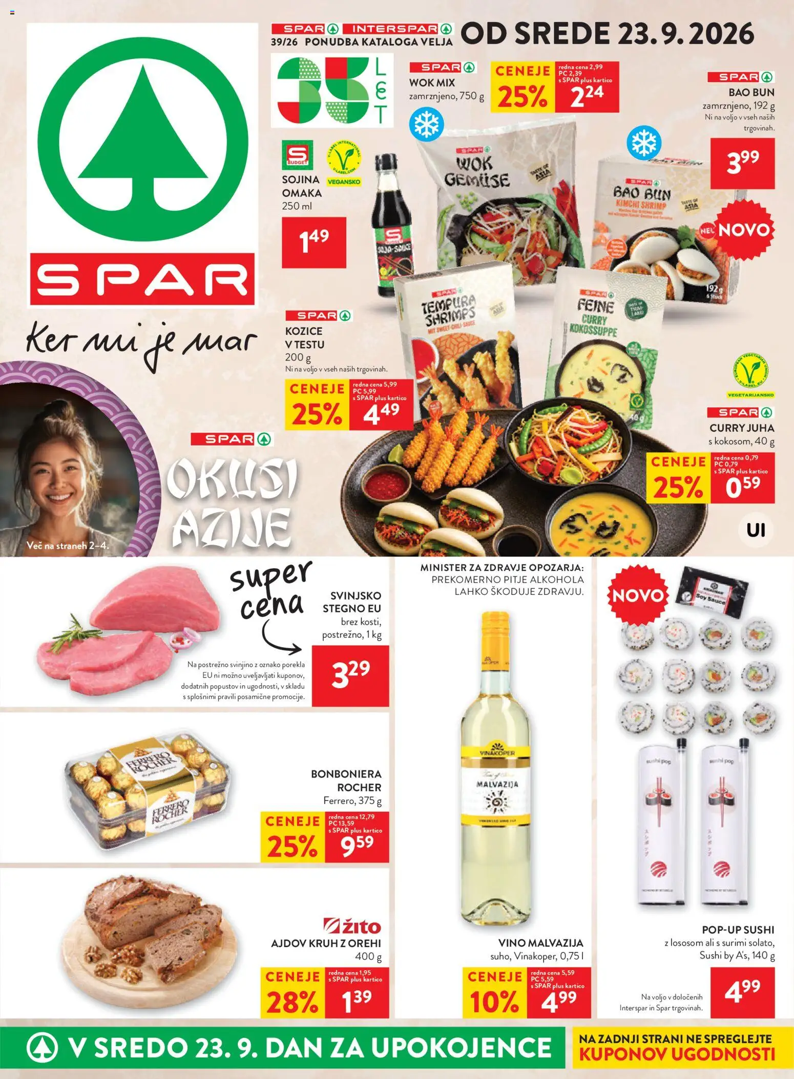 Novi Spar katalog ponudbe – veljaven od 23.09.2026 | Stran: 1 | Izdelki: Kozice, Juha, Vino, Omaka
