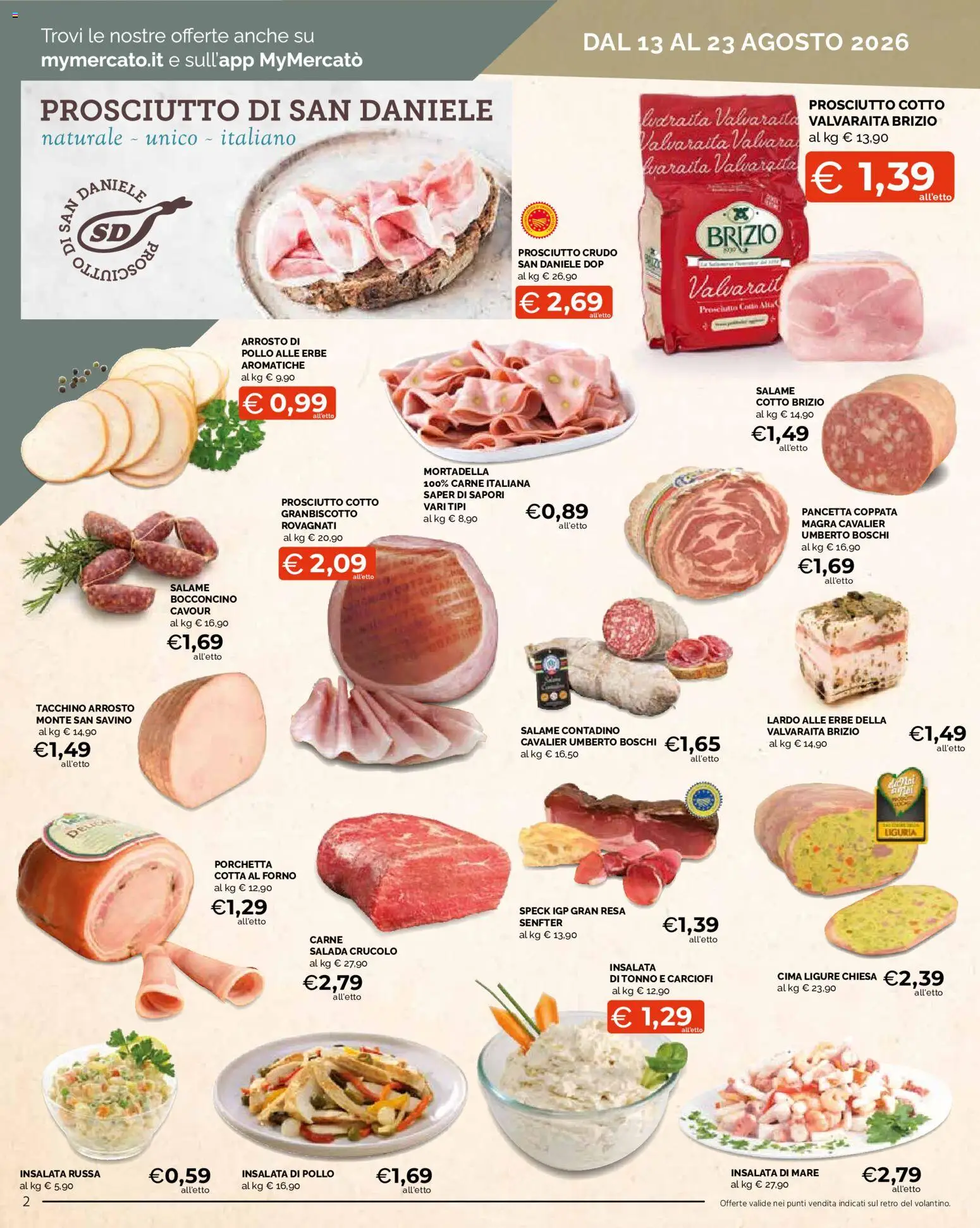 Volantino Mercatò del 13/08/2026 | Pagina: 2 | Prodotti: Porchetta, Prosciutto Cotto, Pancetta, Tacchino
