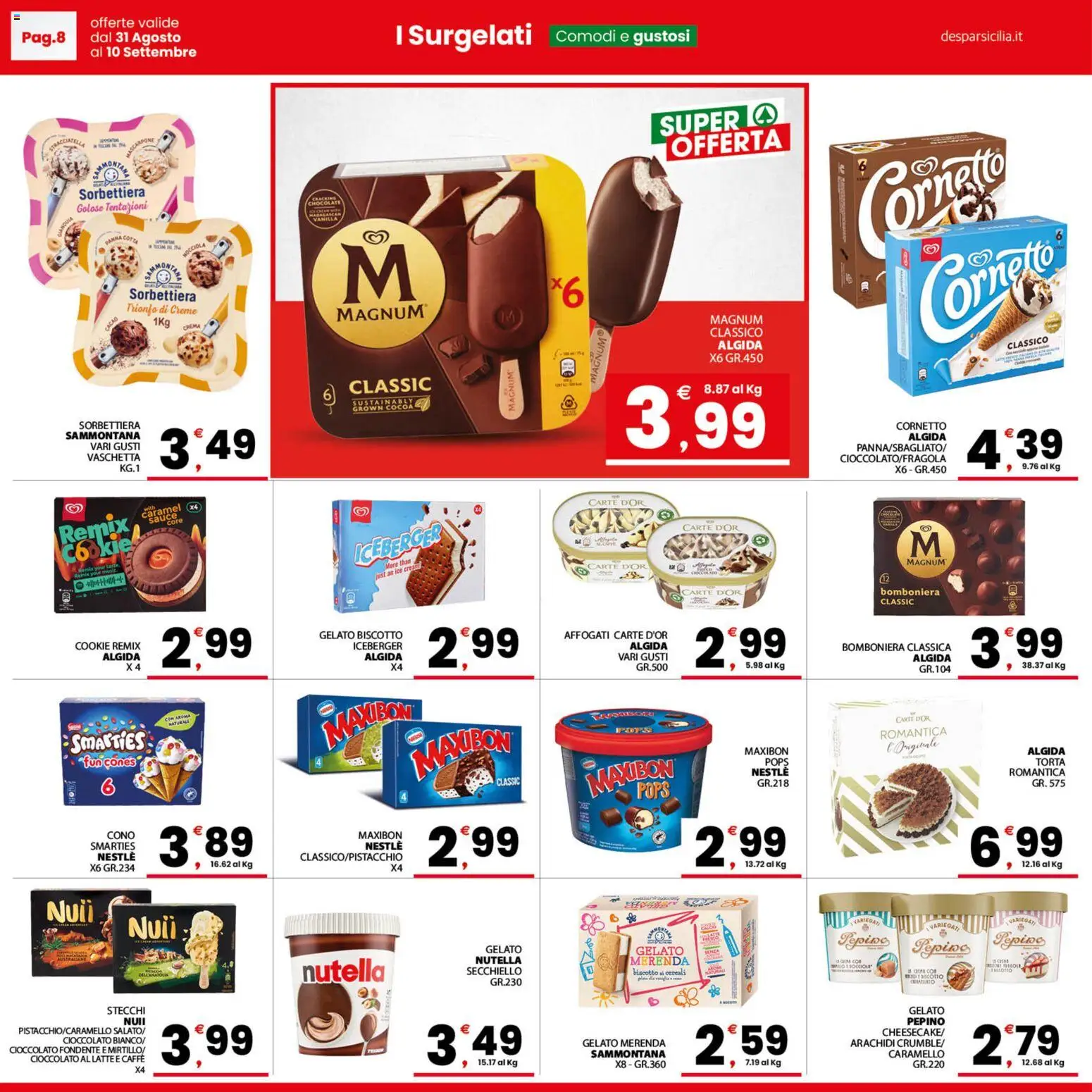 Volantino Despar del 31/08/2026 | Pagina: 8 | Prodotti: Carbone, Cornetto, Arachidi, Cacao