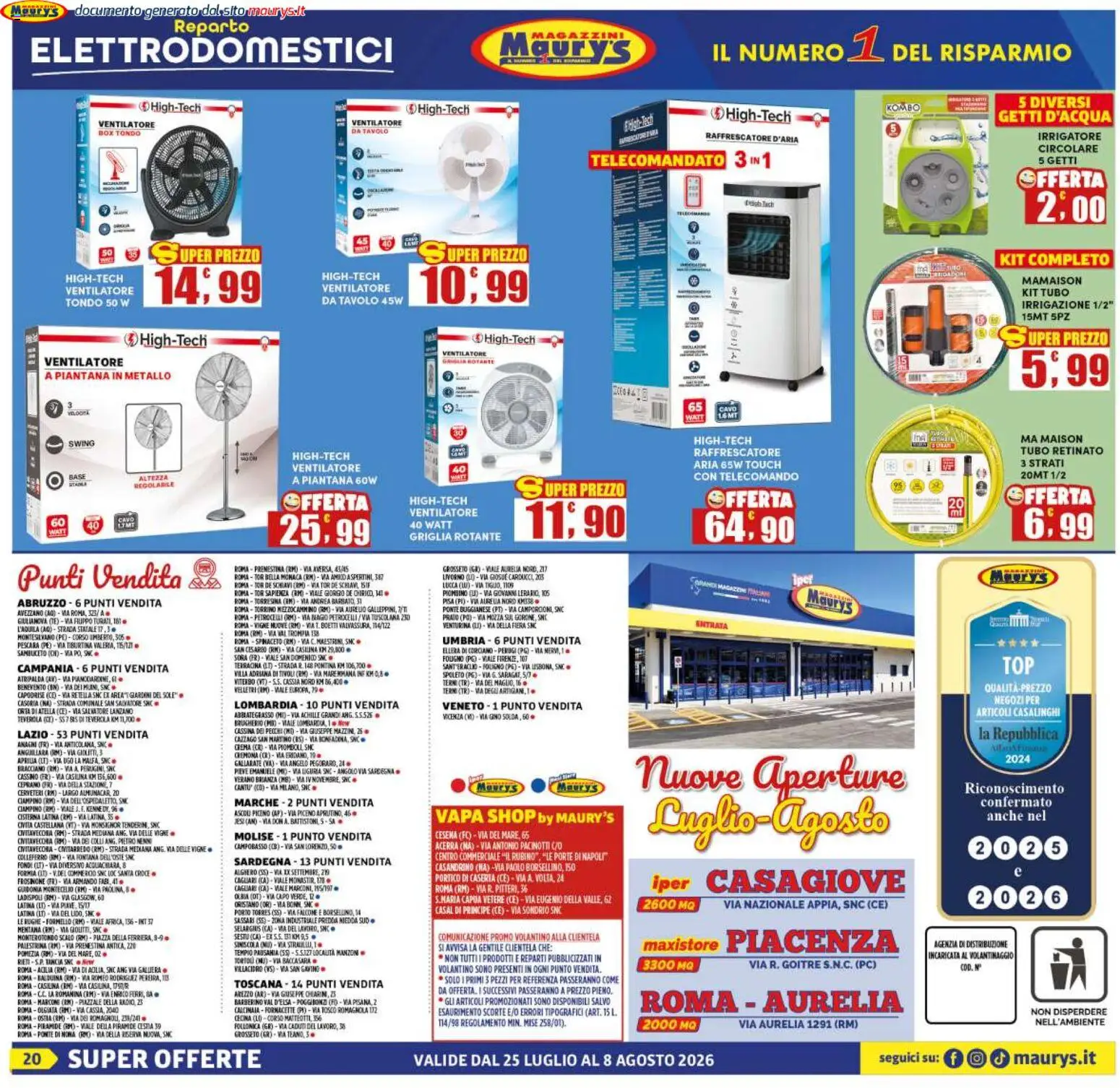 Volantino Maury's del 25/07/2026 | Pagina: 20 | Prodotti: Crema, Tè, Irrigatore, Tavolo