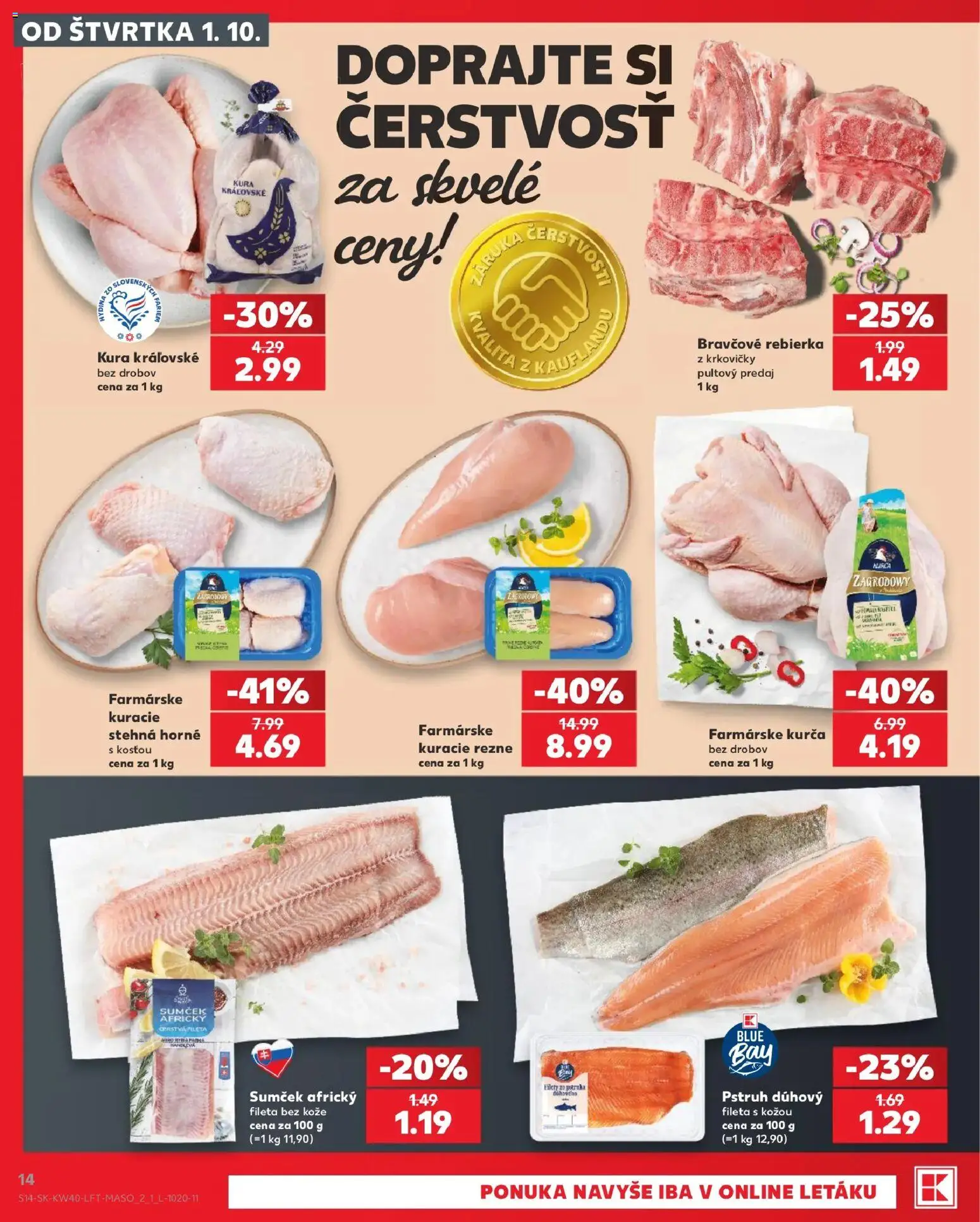 Nové Kaufland akcie – leták je platný od 01.10.2026 | Strana: 14 | Produkty: Pstruh, Kuracie rezne, Kurča, Rezne