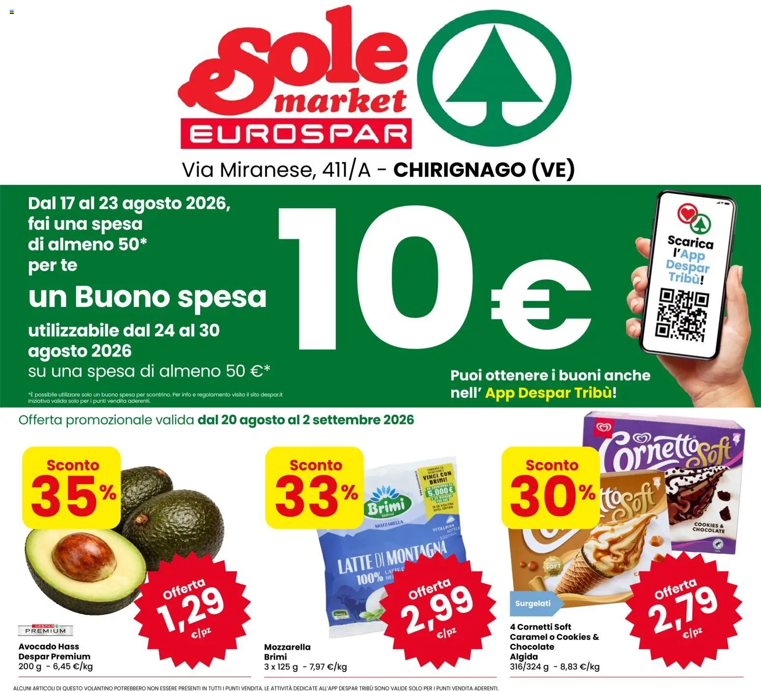 Volantino Eurospar del 20/08/2026 | Pagina: 1 | Prodotti: Tè, Avocado, Mozzarella, Latte