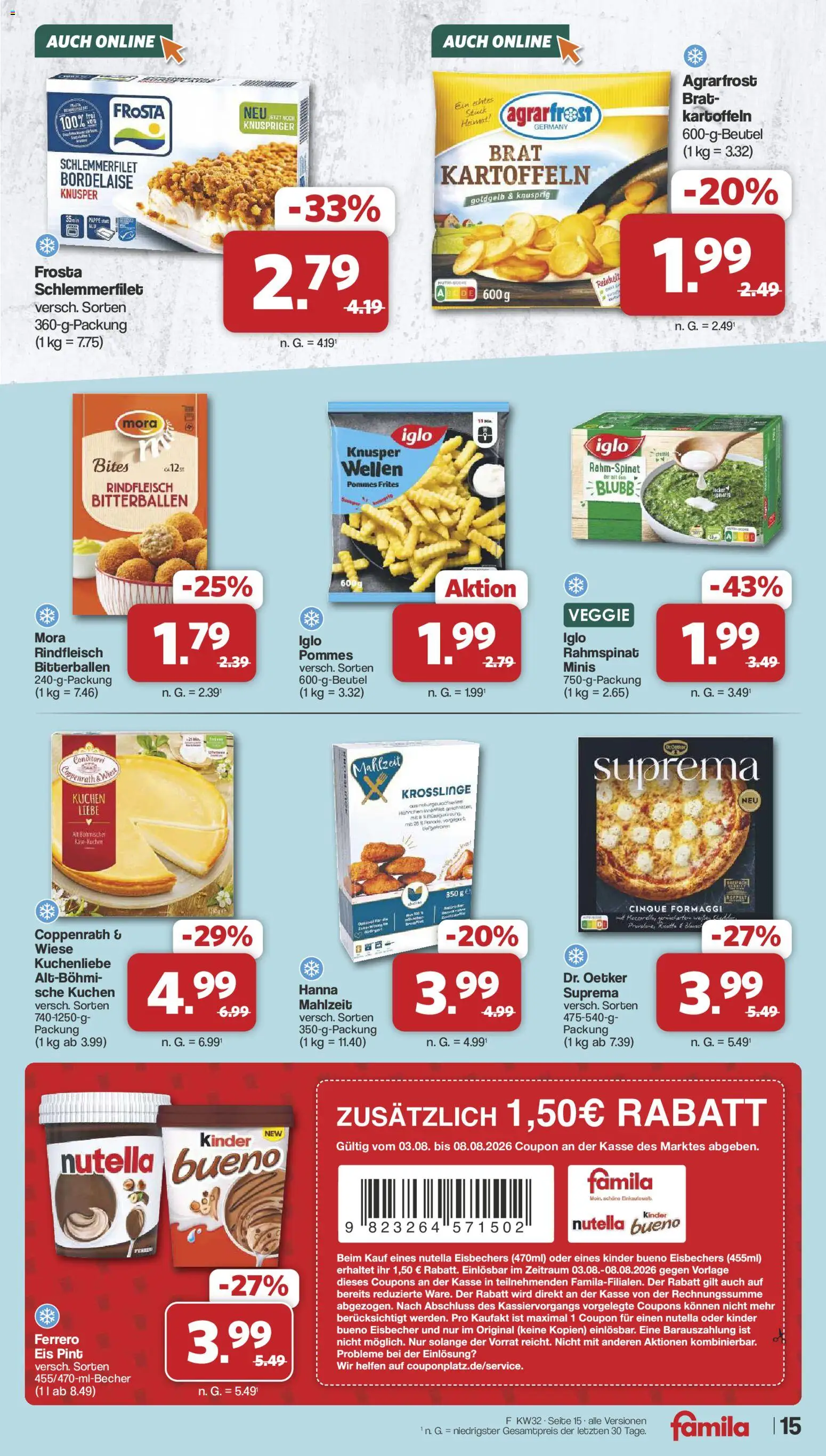Famila Nordwest Prospekt – gültig ab 03.08.2026 | Seite: 15 | Produkte: Pommes, Nutella, Rindfleisch, Eis