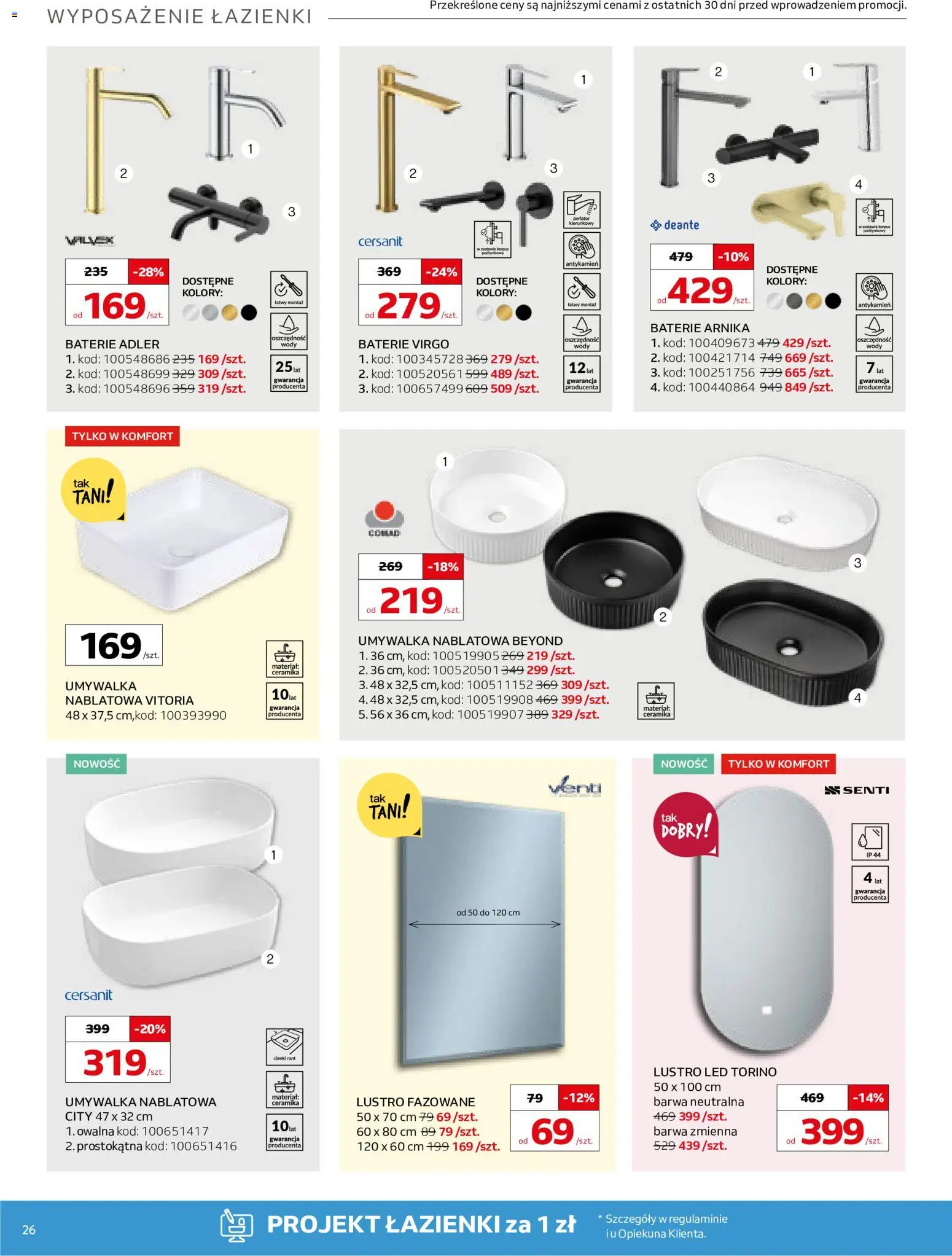 Komfort gazetka od 12.08.2026 | Strona: 26 | Produkty: Baterie, Lustro LED, Umywalka, Lustro